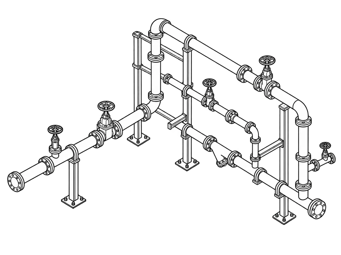 Dessin isométrique de tuyauterie industrielle avec vannes, brides, supports et raccords