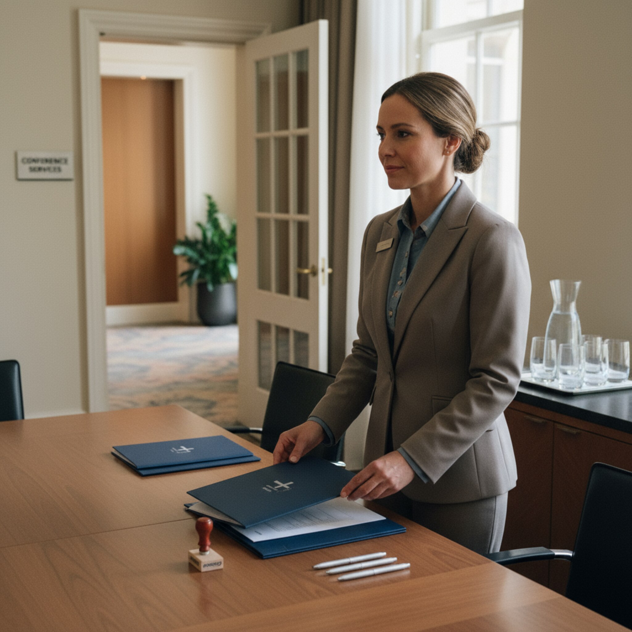 In einem ruhigen Besprechungszimmer sortiert eine Mitarbeiterin gebrandete Mappen mit Angebotsunterlagen. Ein Stempel und Stifte liegen ordentlich bereit. Auf einem Sideboard stehen Wasser und Gläser. Durch die Tür schimmert das Foyer mit dezentem Teppich.