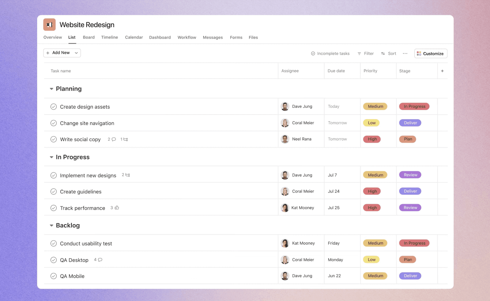 Asana project management tool interface