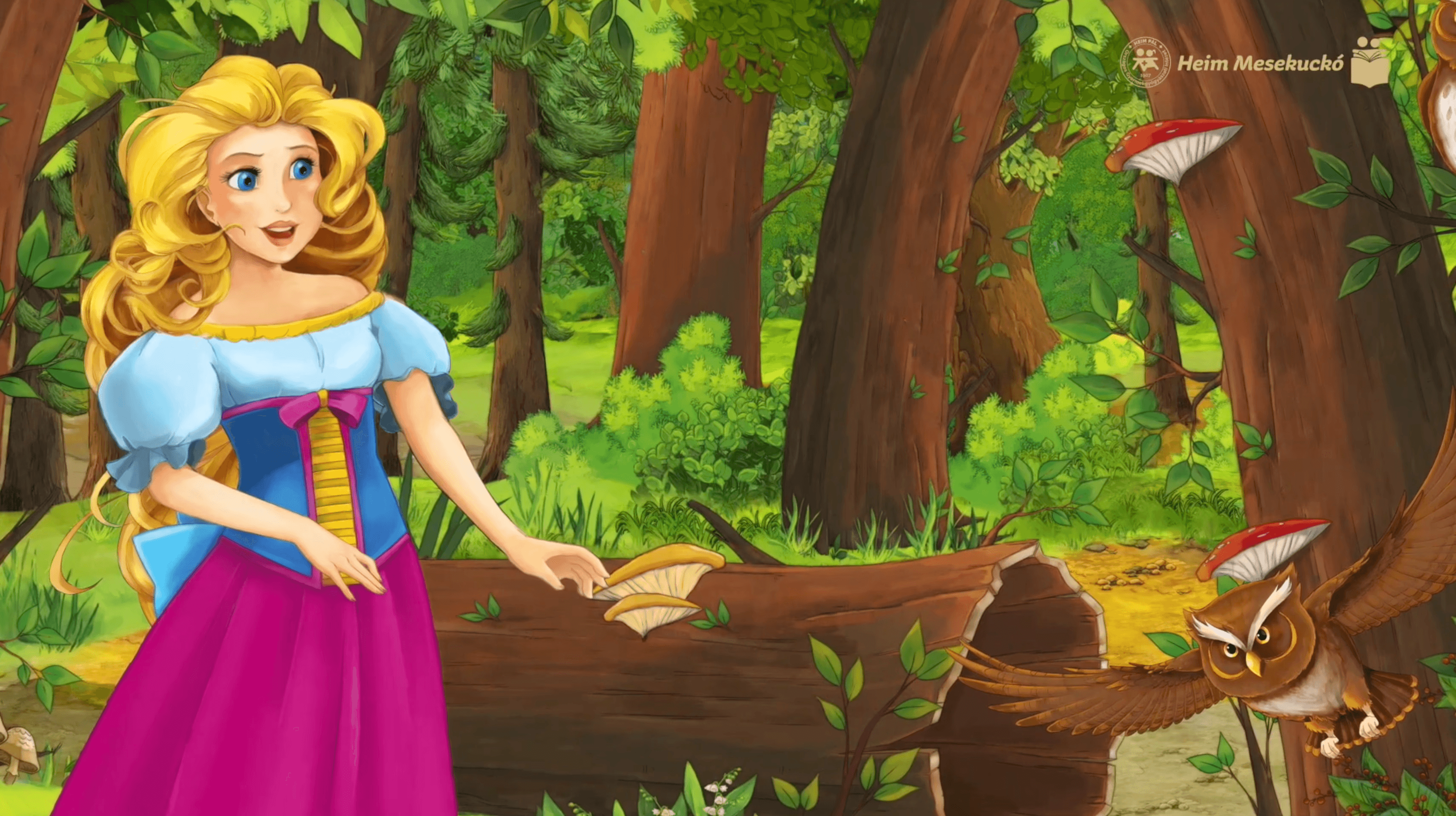 Rajzolt kép, egy szőke leánykával az erdőben, nagy fák között egy bagollyal.