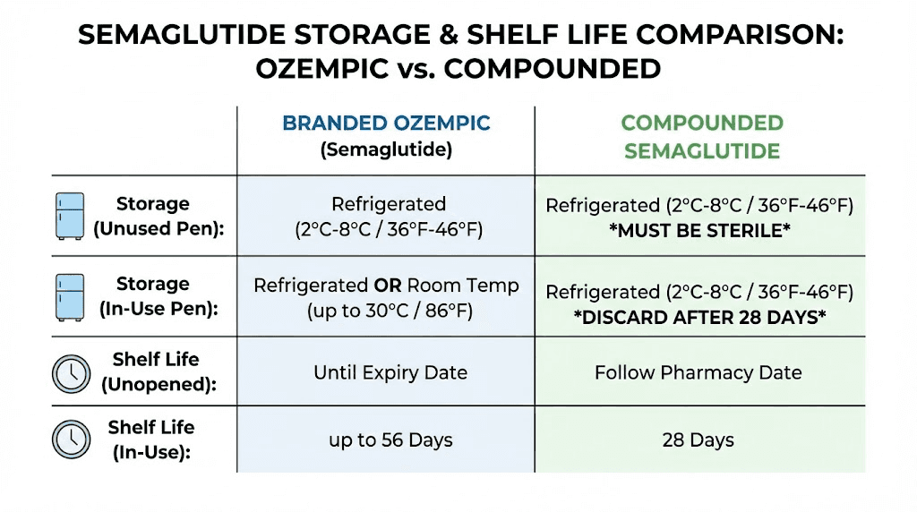 Branded vs compounded semaglutide storage requirements comparison