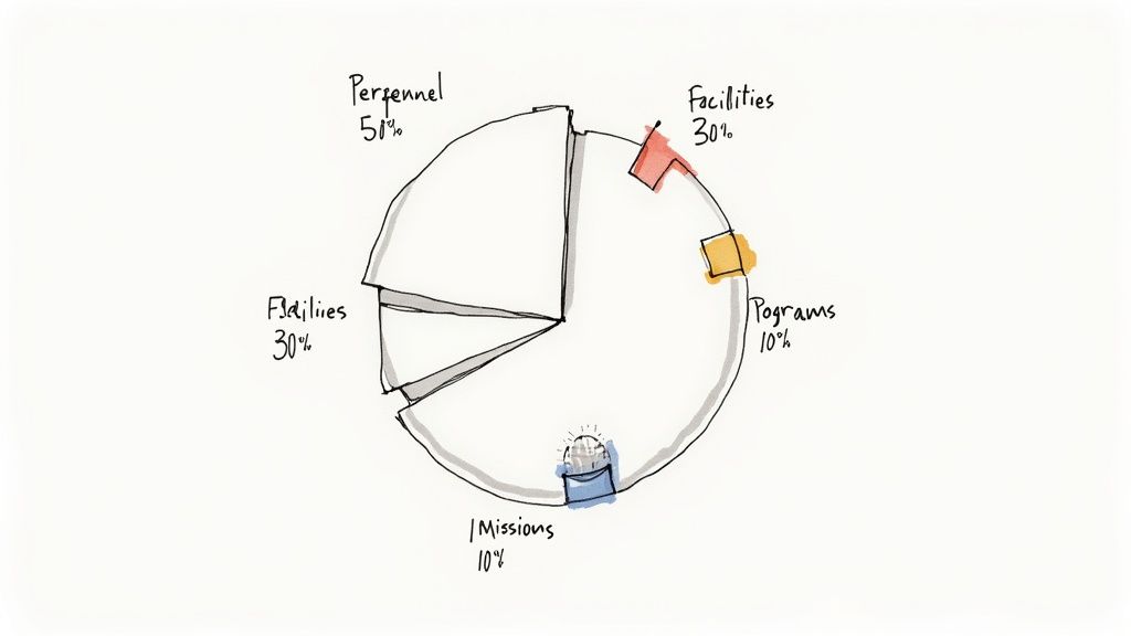 A hand-drawn pie chart illustrating a budget breakdown with categories for Personnel, Facilities, Programs, and Missions.
