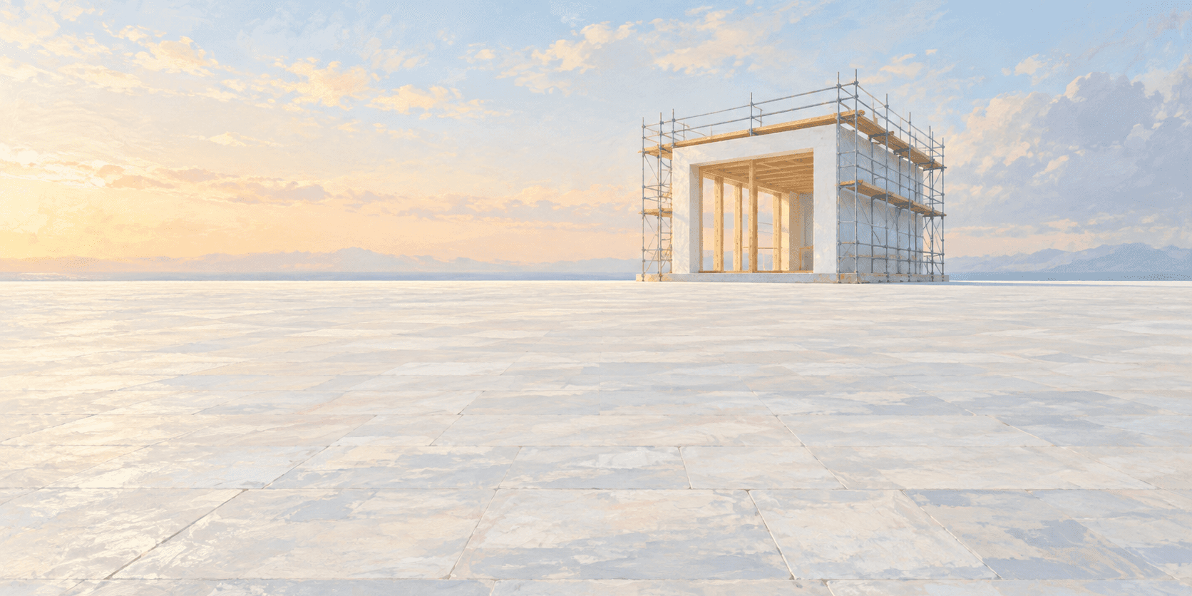 A newly built white pavilion, partly in scaffolding, alone on a wide empty plaza in morning light