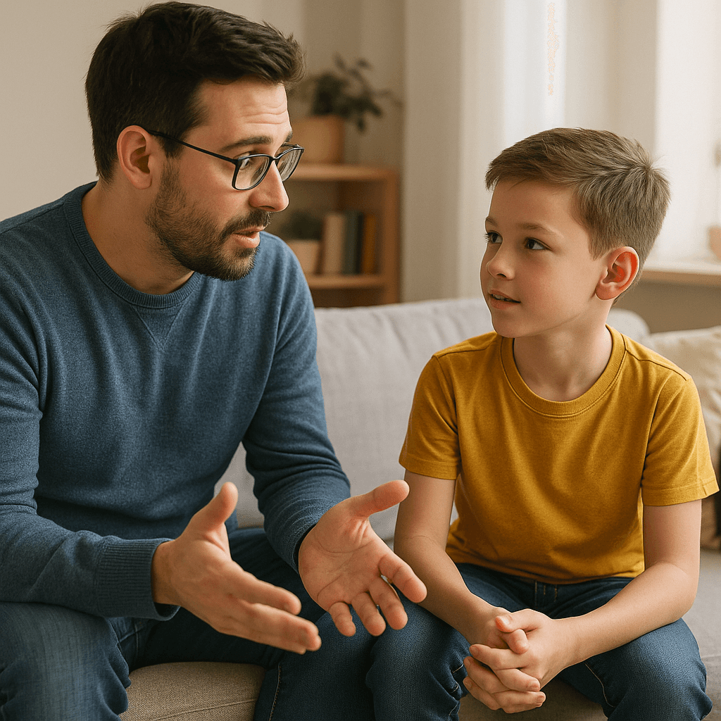 Parent talking to a 9 year old boy