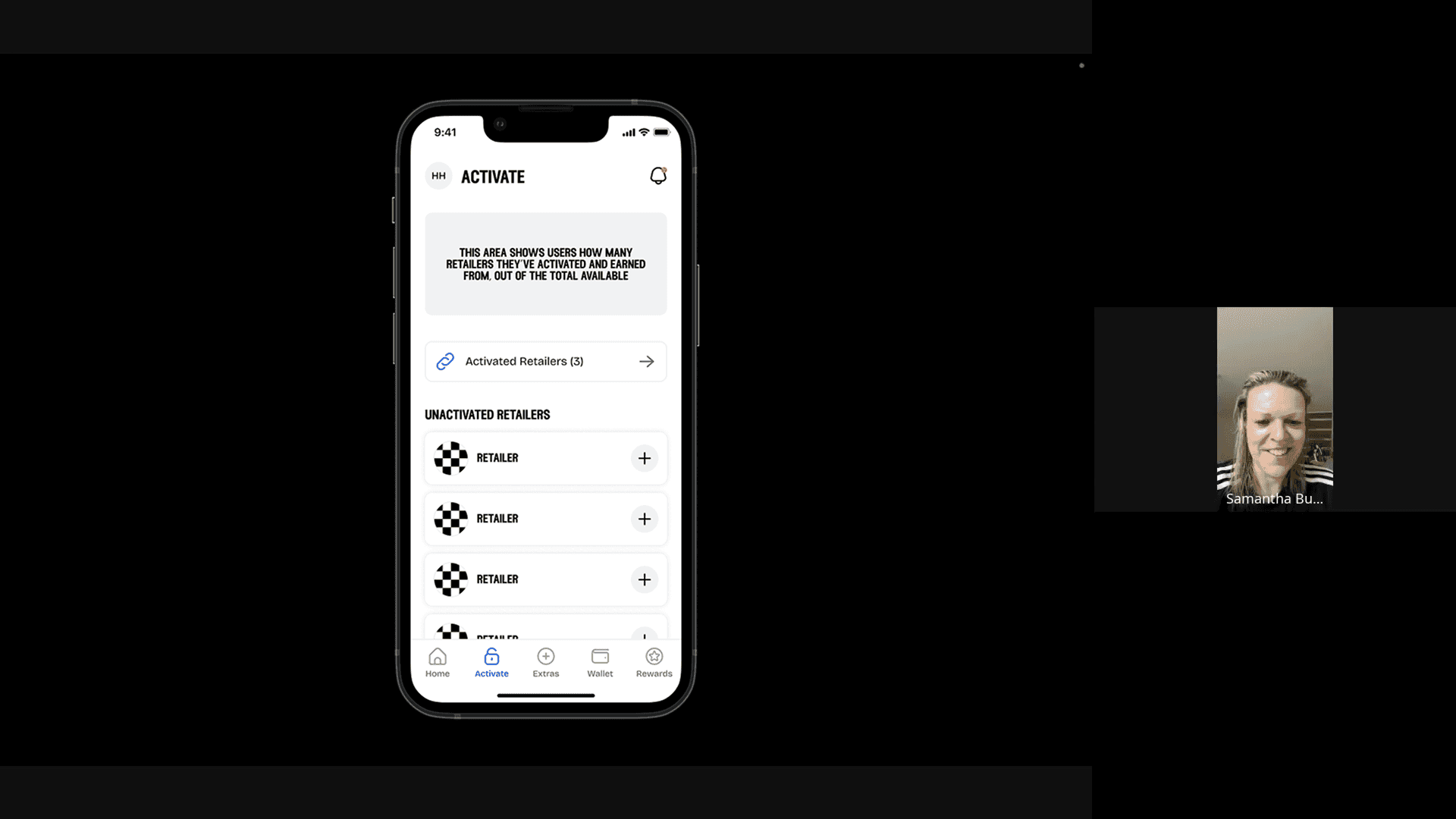Remote user testing screenshot showing the Activate screen on a phone and the participant on video.