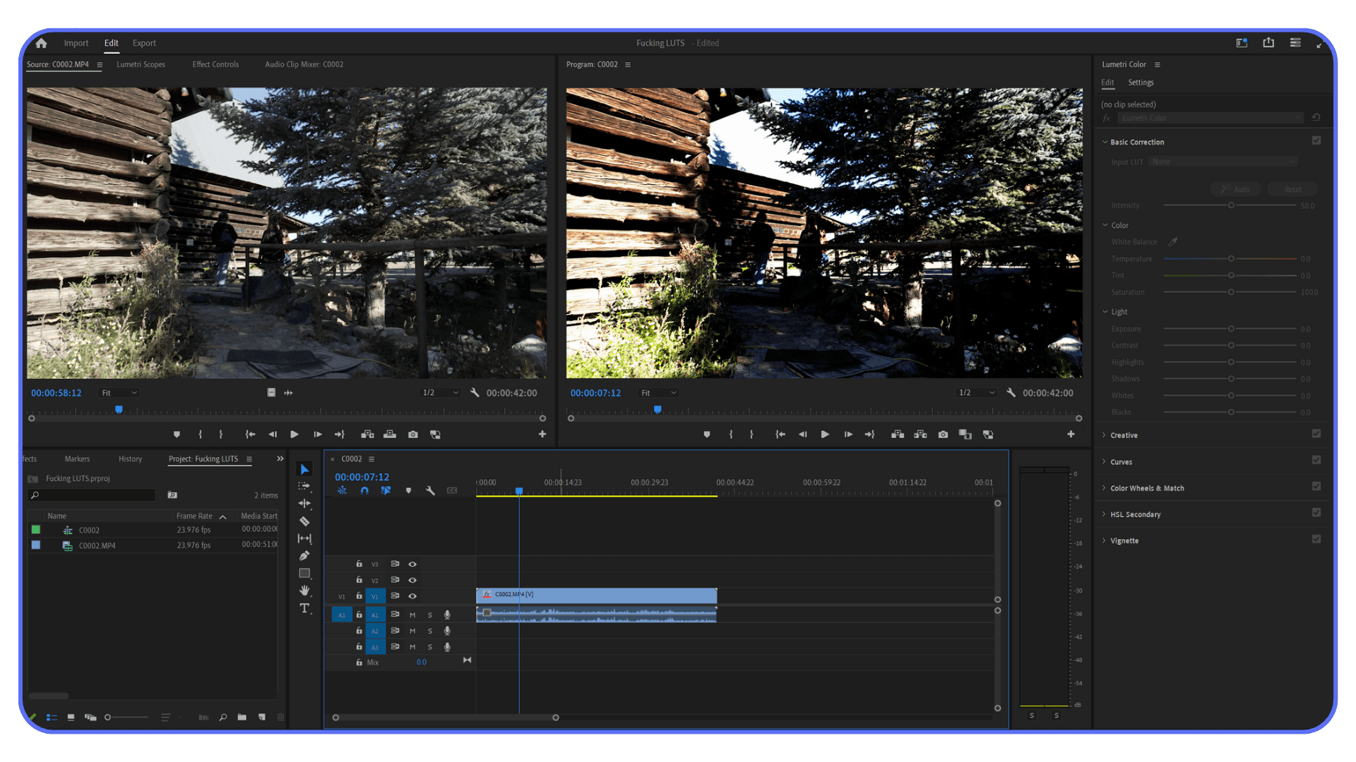 Adobe Premiere Pro interface showing footage before and after applying a LUT in Lumetri Color