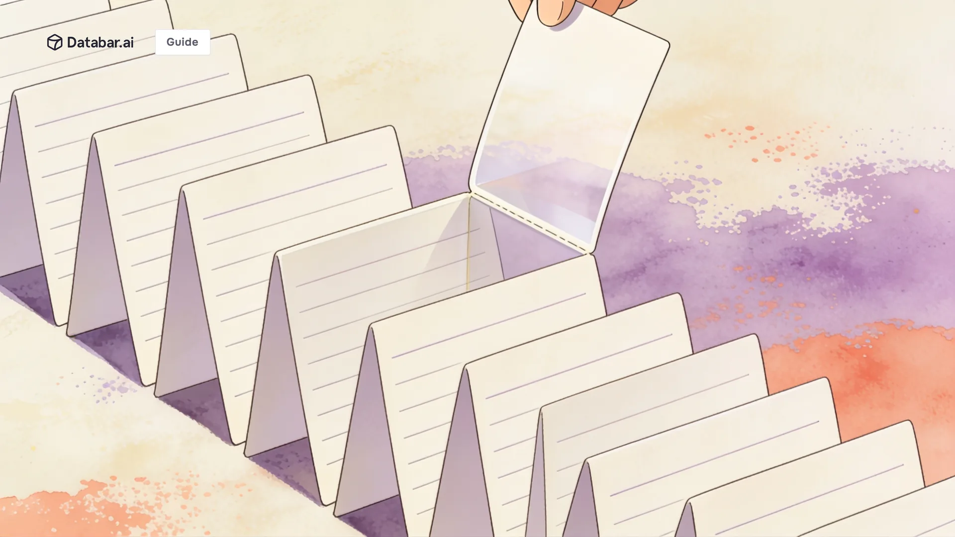 Illustration of blank ledger cards spread in a fan with one lifted open above the rest — Claude Code for Sales Managers: A Practical Guide to Deal Reviews, Rep Coaching, Pipeline Inspection, and Forecast Prep in 2026