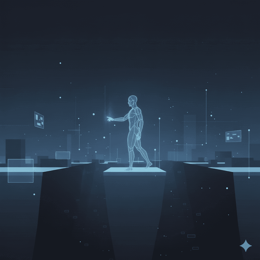 A minimalist digital art piece featuring a glowing AI humanoid model standing at the edge of a deep technological divide, pointing toward a futuristic chasm. Explore the intersection of artificial intelligence, innovation, and the digital gap in this high-resolution conceptual visual