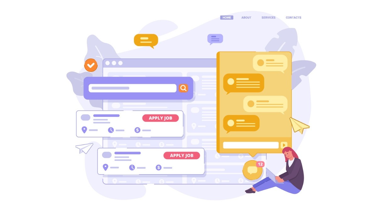 Illustration of a person using a laptop beside a stylized job search interface with listings, chat bubbles, and an “APPLY JOB” button—symbolizing how job boards function as digital platforms for discovering and applying to employment opportunities.