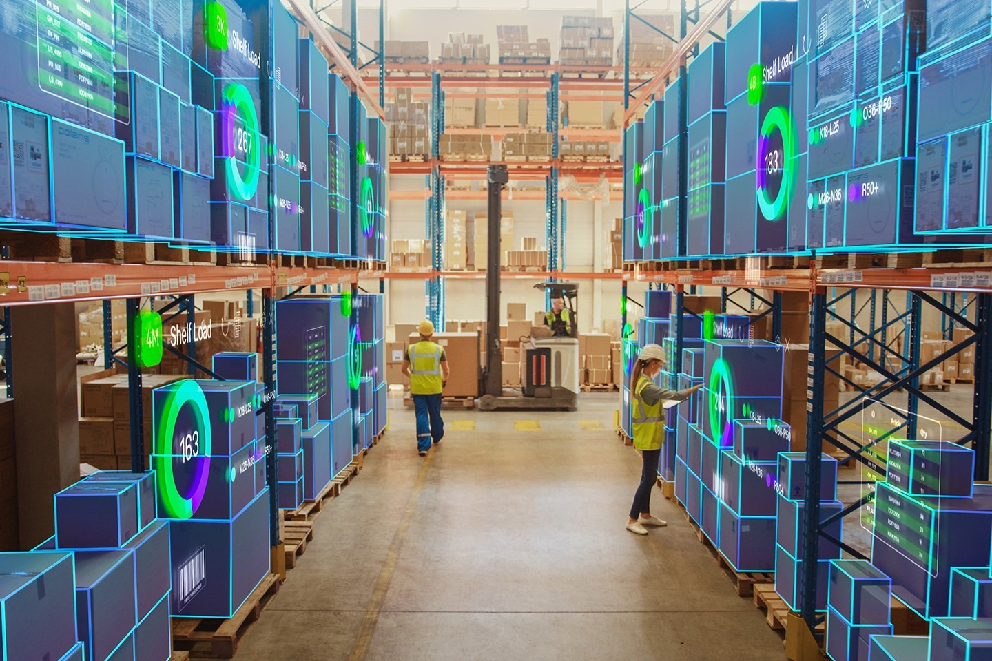 Warehouse inventory with digital tracking overlays