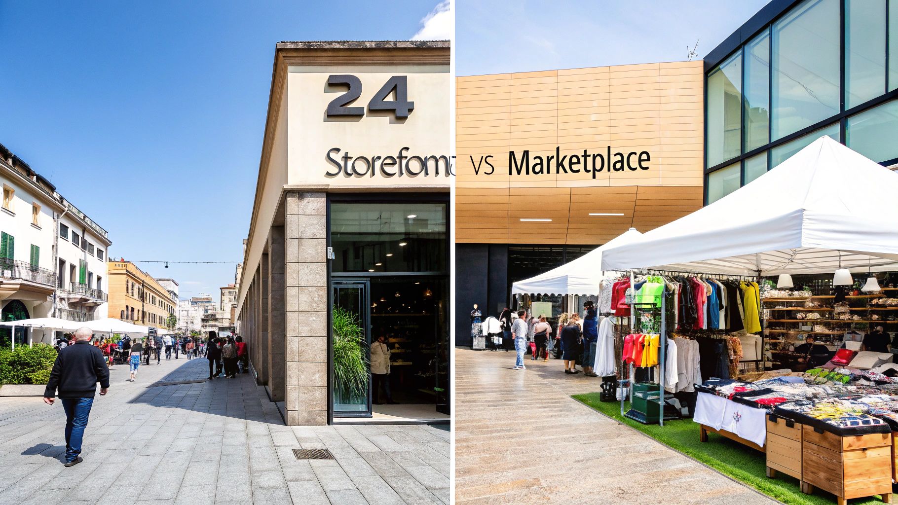 A person deciding between two paths, one leading to a custom storefront and the other to a large marketplace