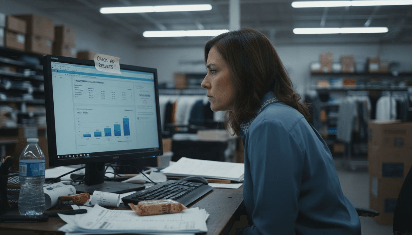 Retail analyst checks sales metrics at desk