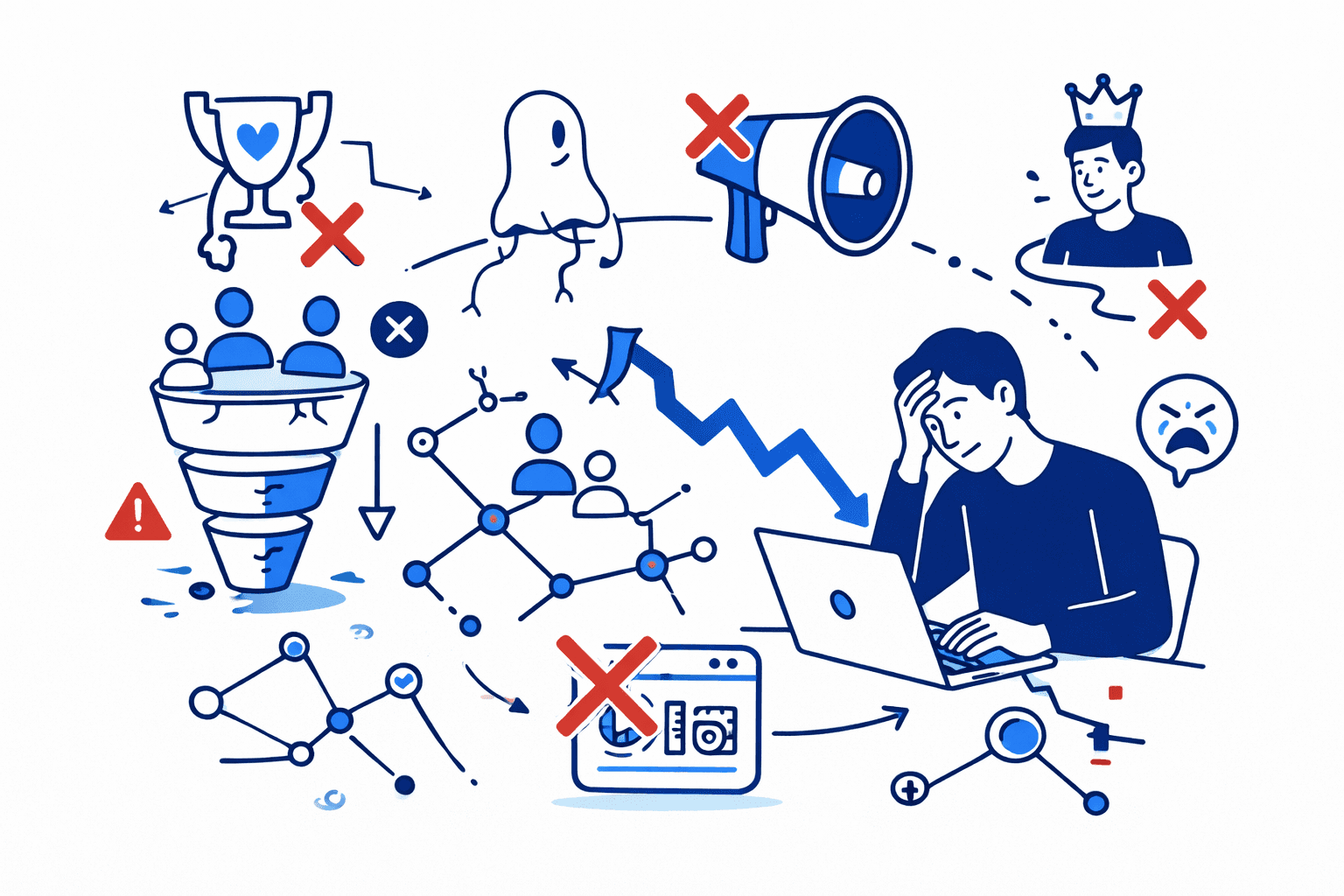 The illustration shows the major mistakes in community building for Web3 projects such as: no feedback loop, broken funnel, ghosting members, and no gamification