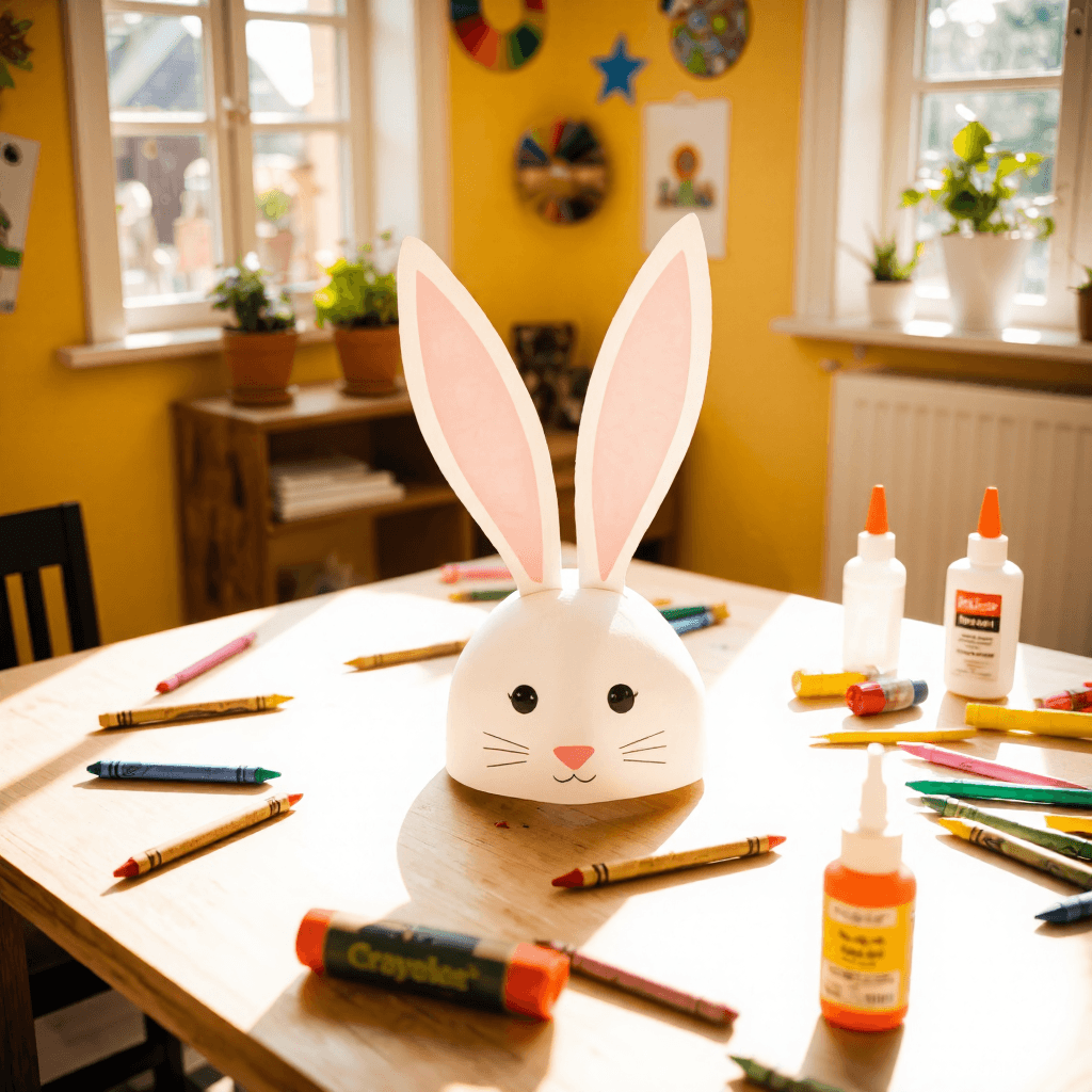 product photography of a rabbit-shaped hat made of paper