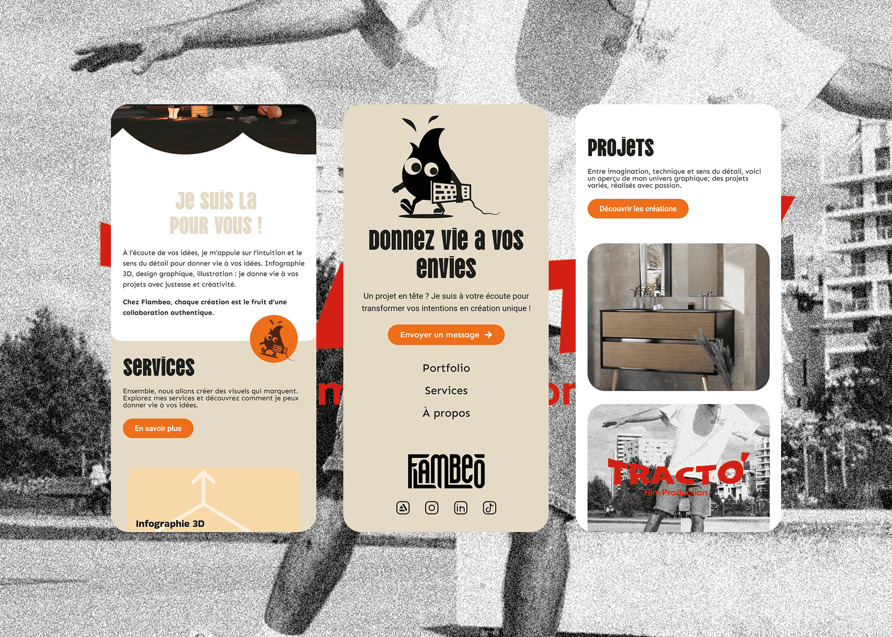 Section portfolio Flambeo — création site vitrine artiste 3D, UX/UI design Mélanie Depré