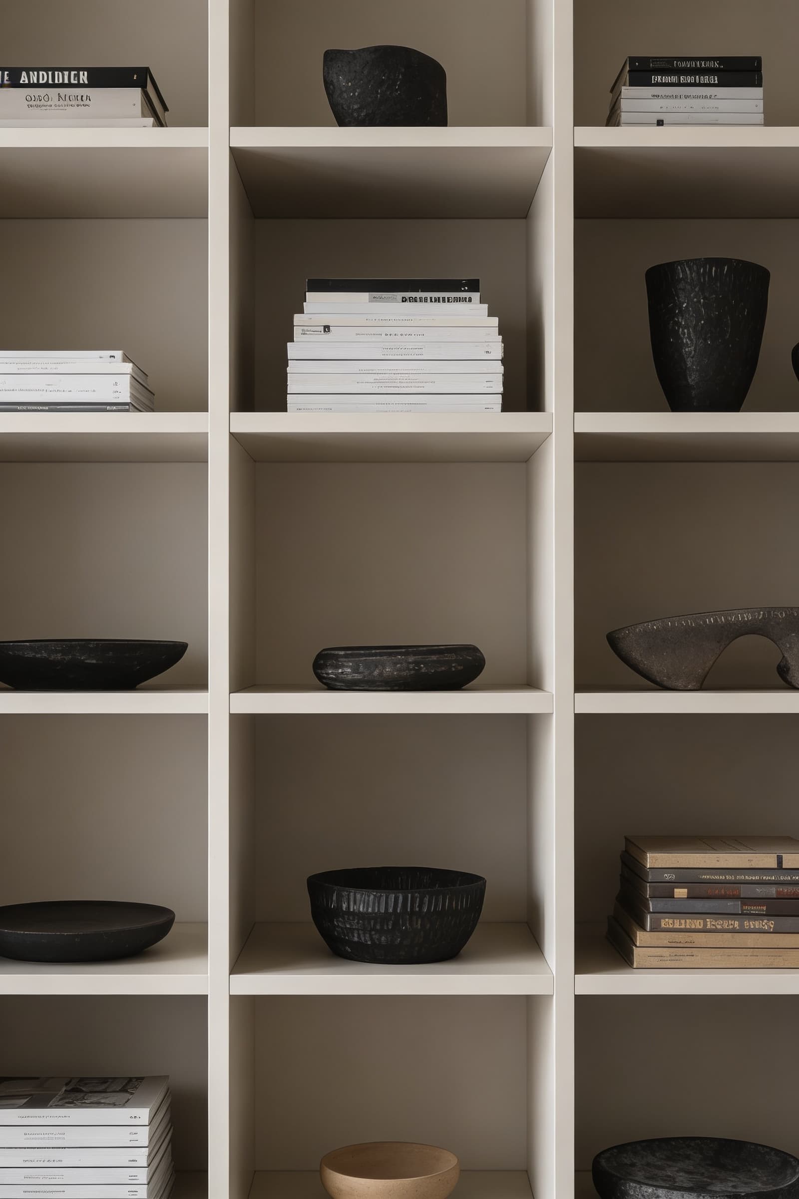 A beige, minimalist shelving unit is neatly organized with black pottery and stacks of books, offering a clean and modern decor aesthetic.