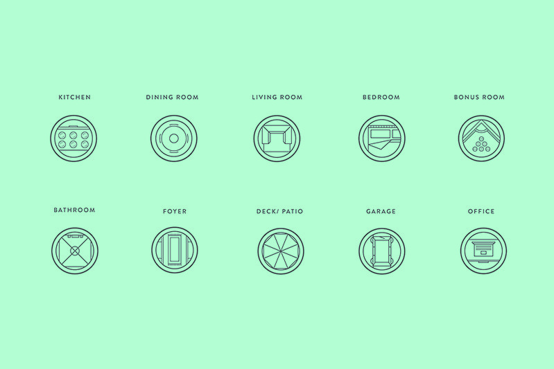 small rounded house room icons on a mint green background