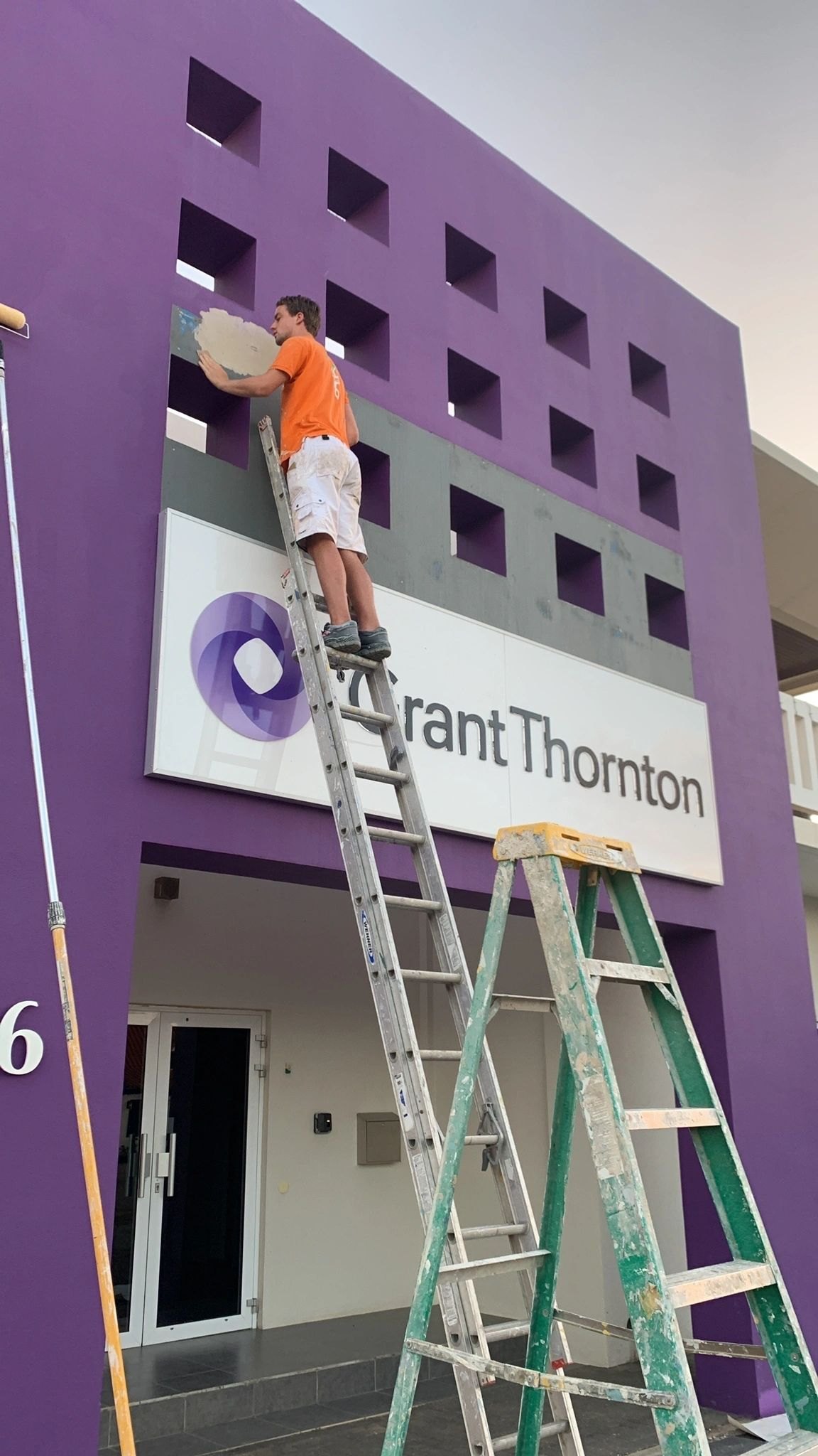 Painting a purple office facade from a ladder