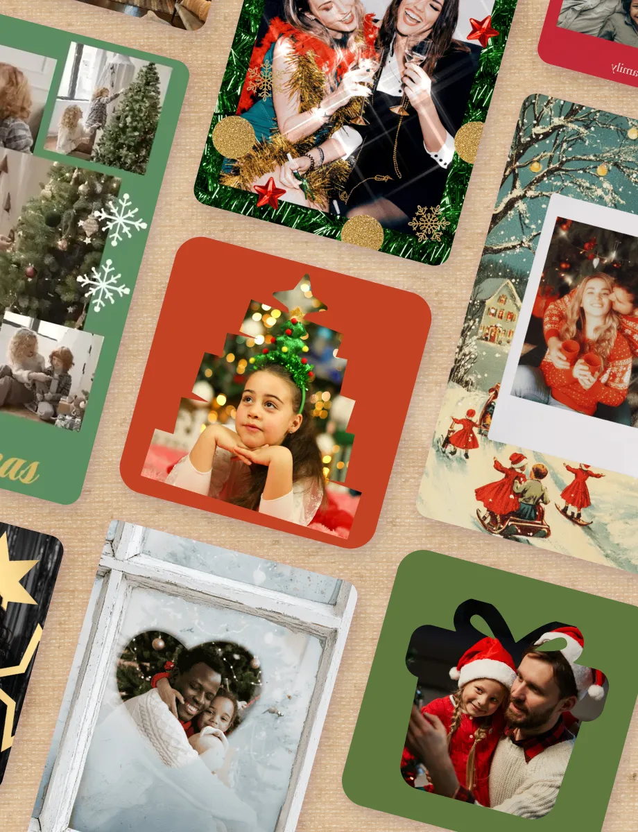 Picking a holiday card template in the PicCollage app from a grid of festive designs