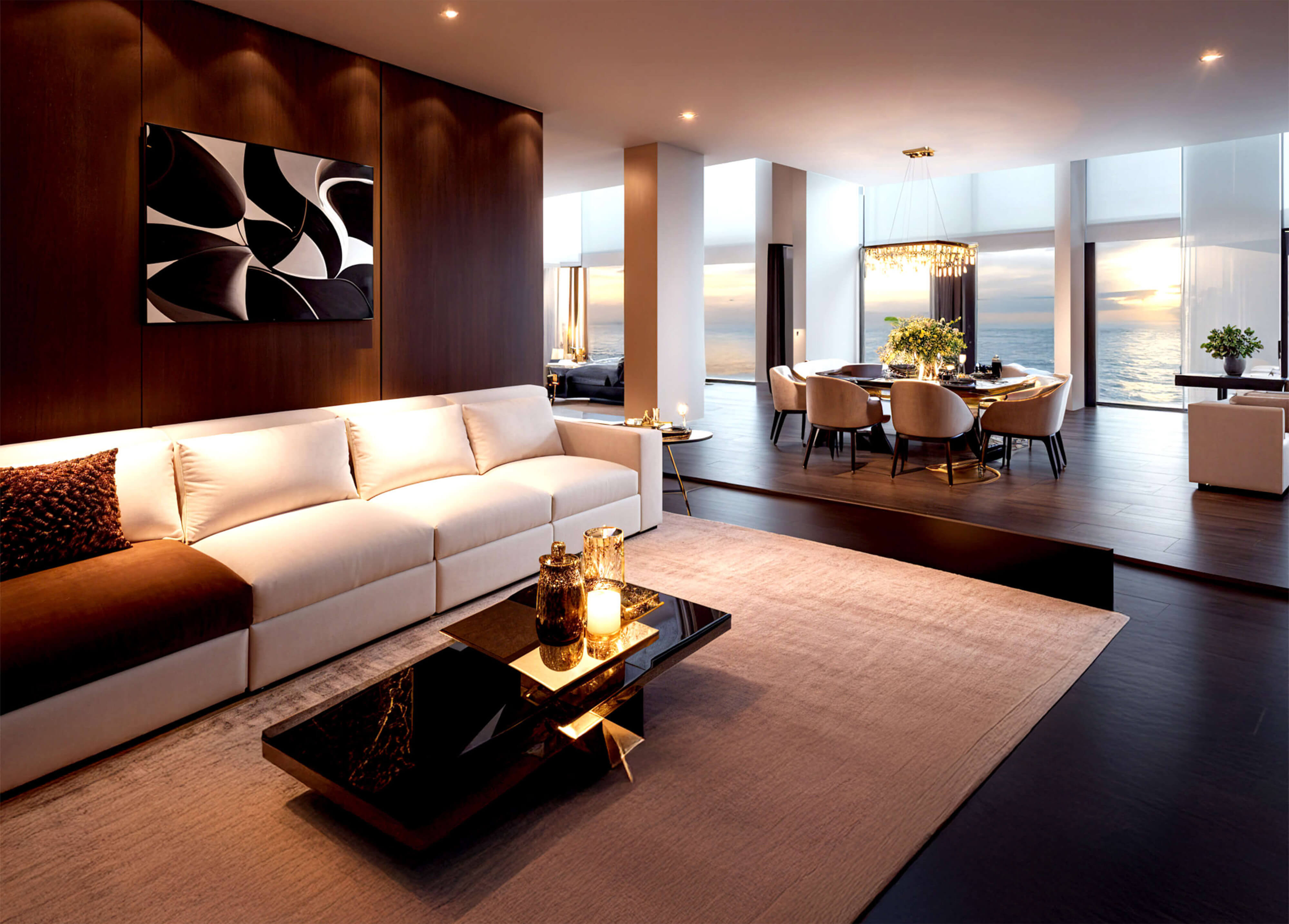 A modern living room with neutral tones, sleek furniture, and floor-to-ceiling windows overlooking a sunset-lit ocean view.
