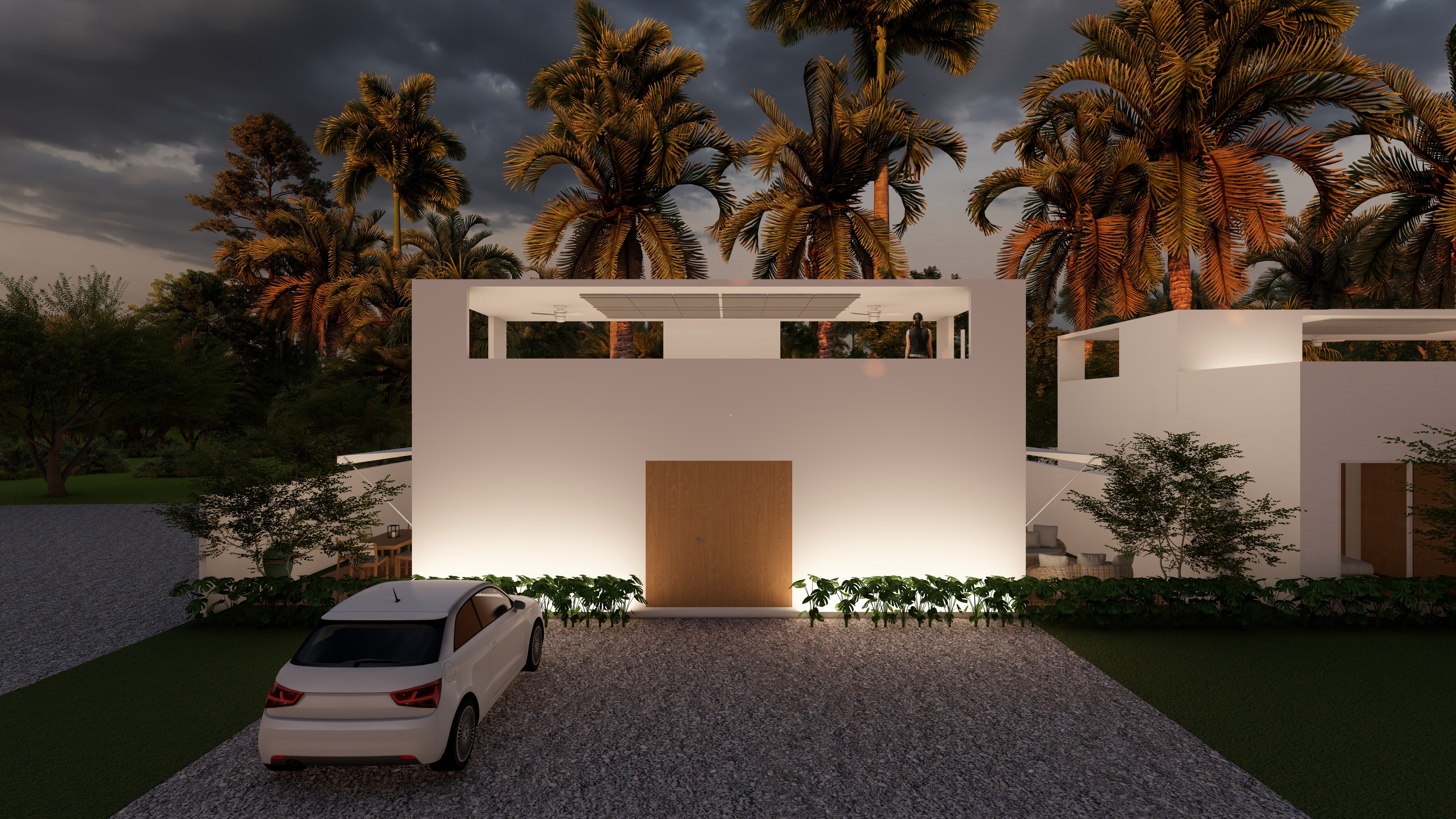 Modern interior entrance with floor-to-ceiling glass walls and warm timber cladding overlooking landscape