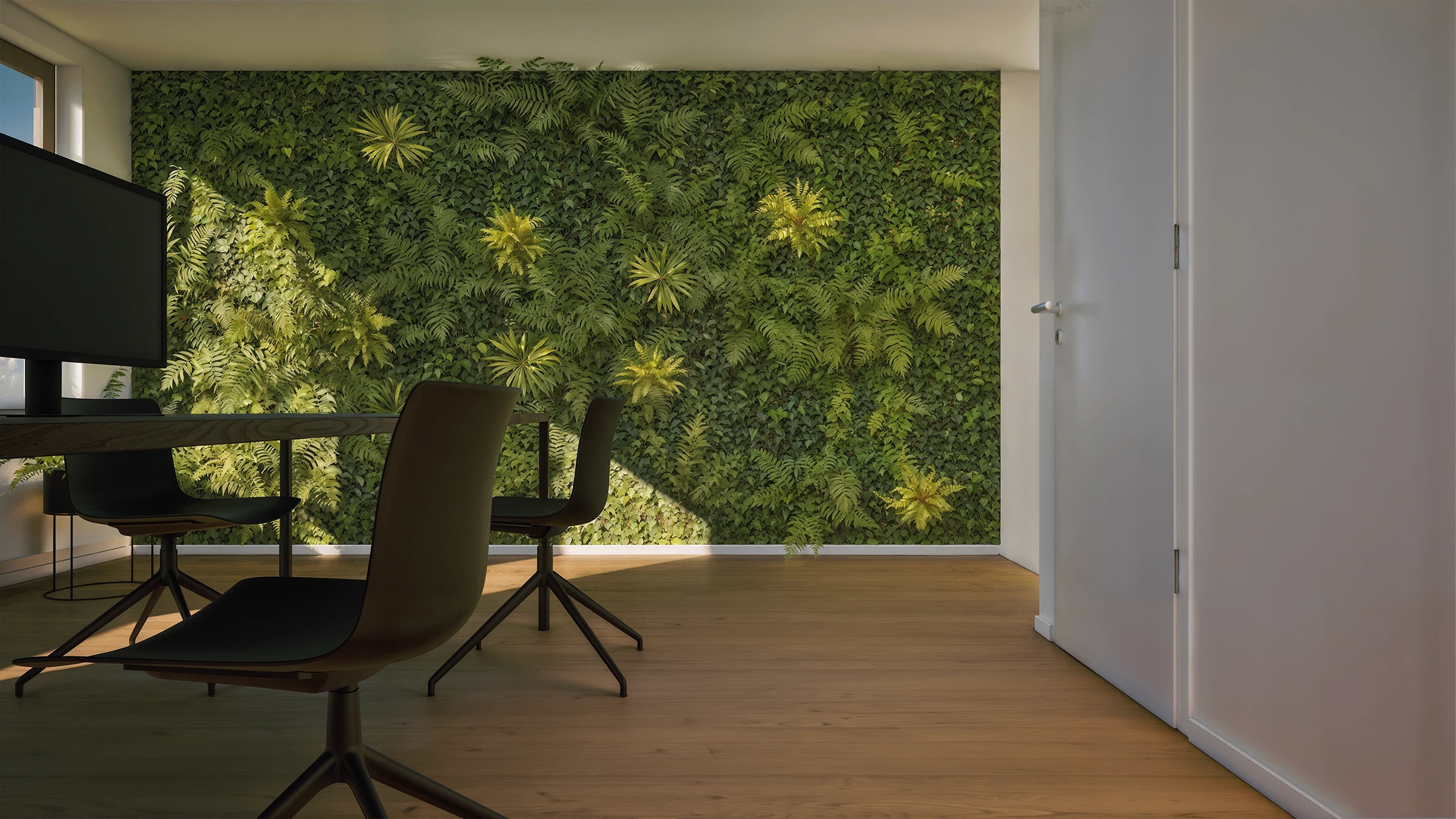 3d render van bureau met zicht op een muur met planten