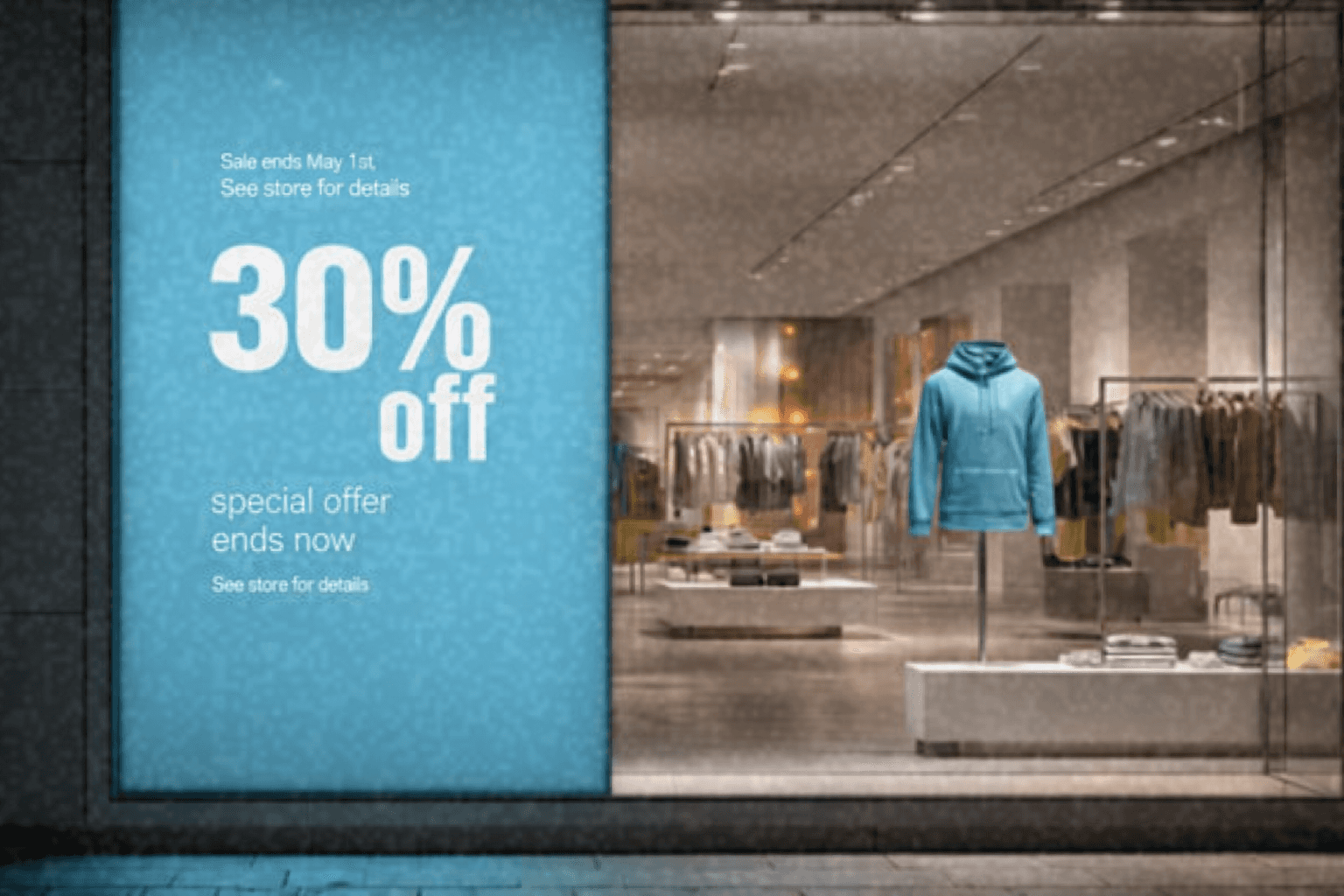 Retail signage and promotional displays inside a store environment.