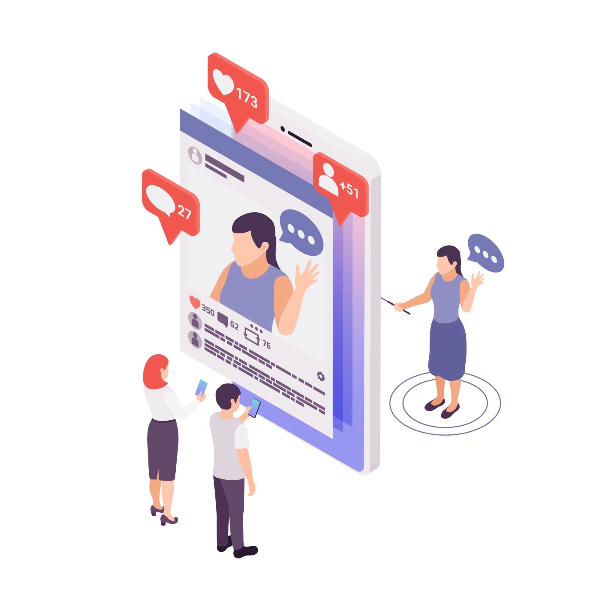 Isometric illustration of an influencer's social media profile with engagement metrics