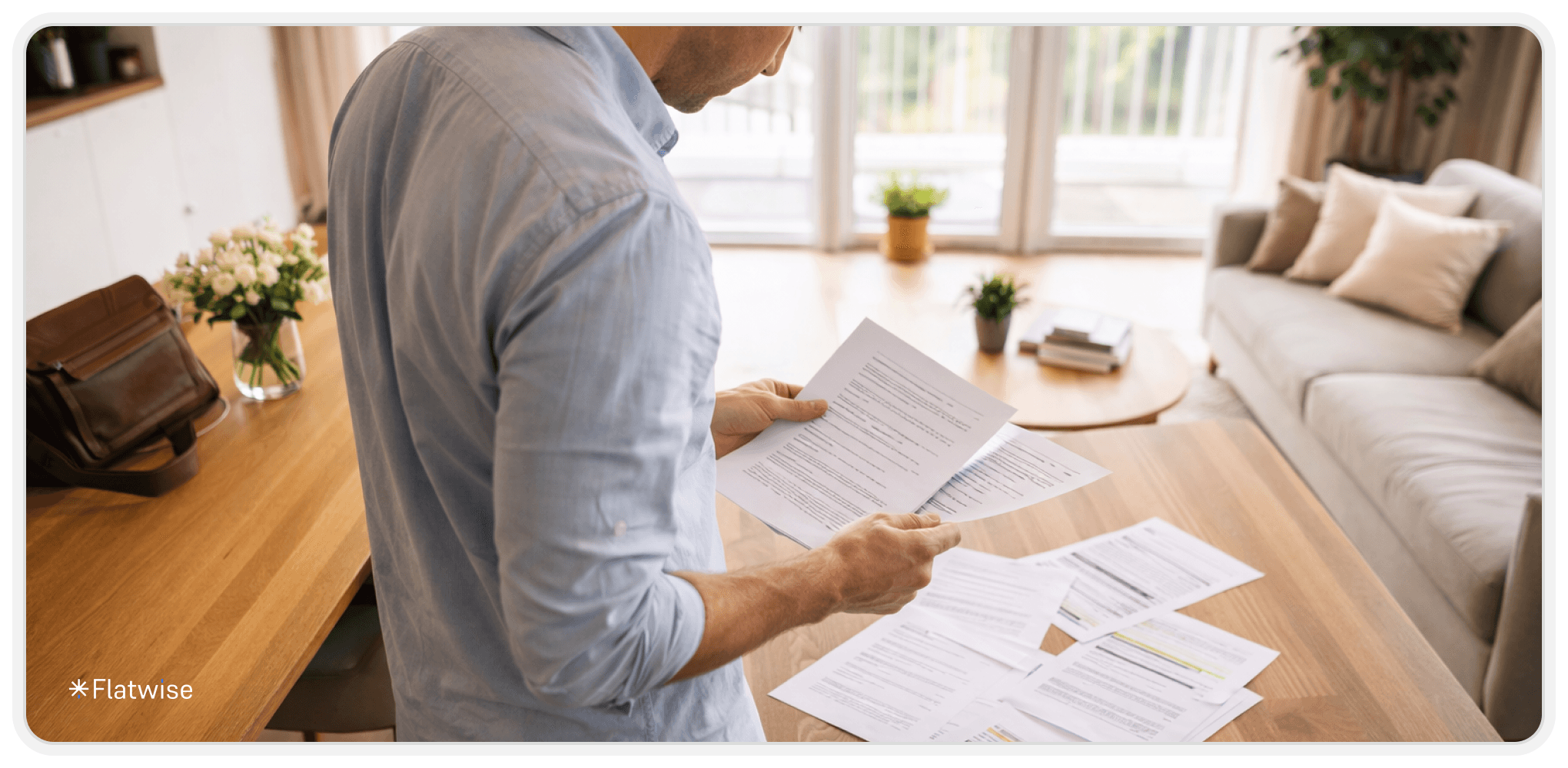 Ein Esszimmertisch mit zahlreichen Dokumenten darauf. Ein Mann steht daneben und lies konzentriert ein Dokument.