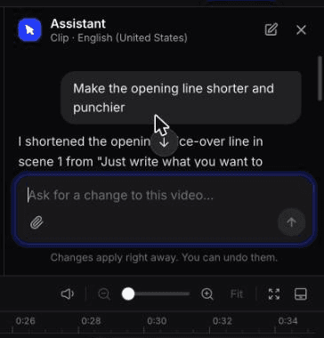 Clevera's Assistant panel shortening the opening voice-over line of a feature spotlight