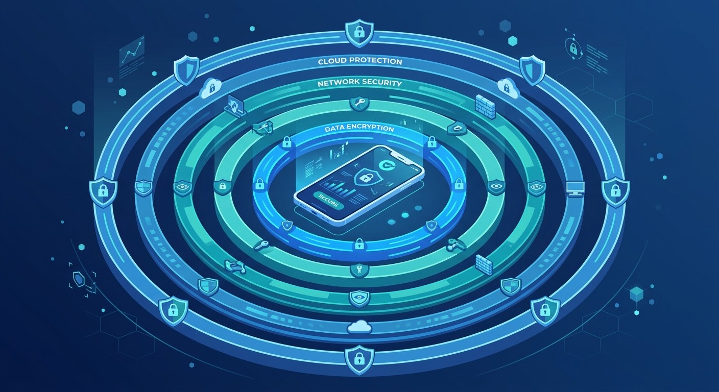Isometric illustration of a mobile app protected by layered rings of security