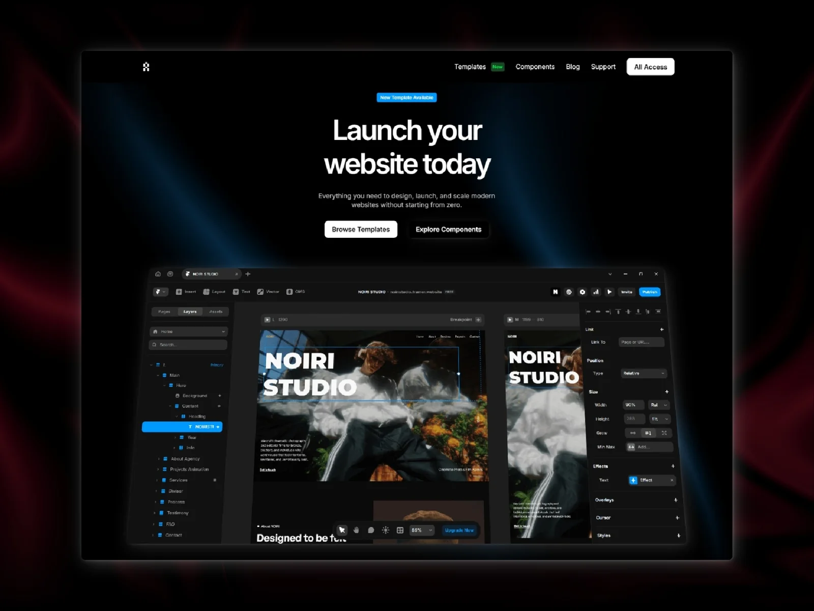 Featured preview of Neoplates, a Framer template marketplace template showcasing a modern template catalog and product details page with a dark interface.