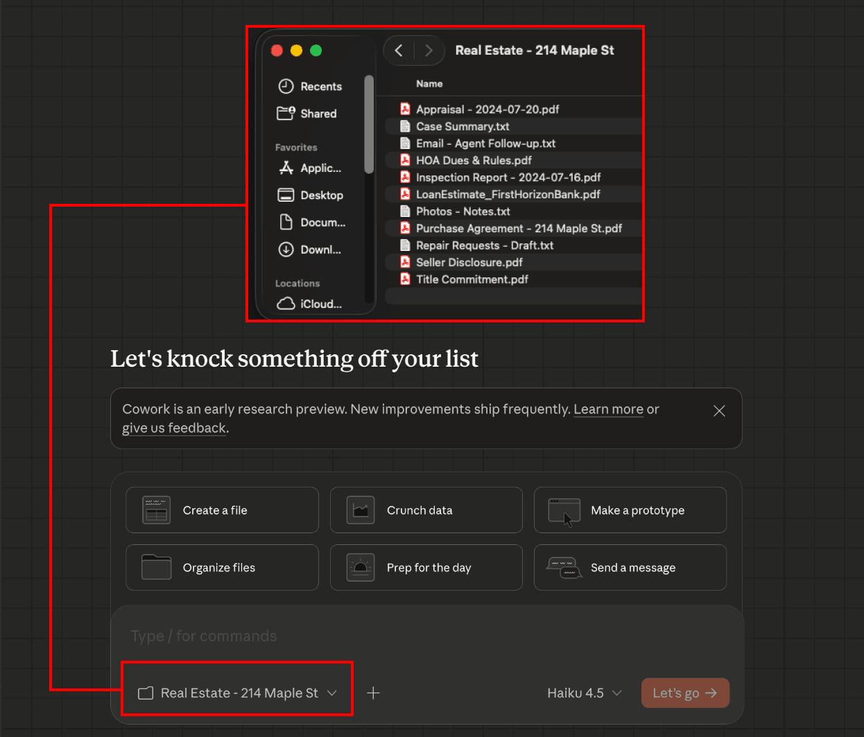 A real estate folder is attached to Claude Cowork, containing  confidential appraisals and loan estimates.