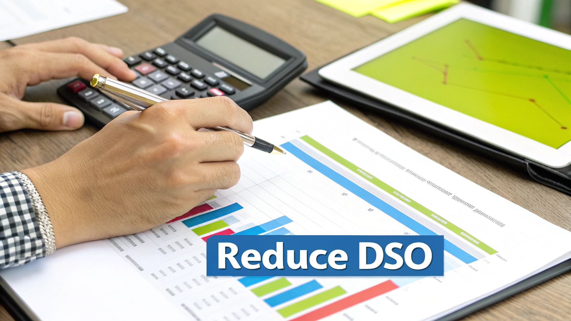 Hands analyzing financial data with a calculator, pen, charts, and a tablet, promoting 'Reduce DSO'.