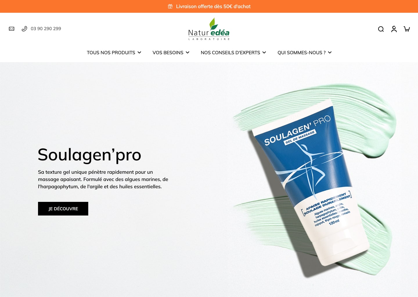 Hero de la page d'accueil de Naturédéa, mettant en avant le gel de massage Soulagen'pro, avec une texture de gel à l'arrière du tube. Ambiance douce et naturelle.