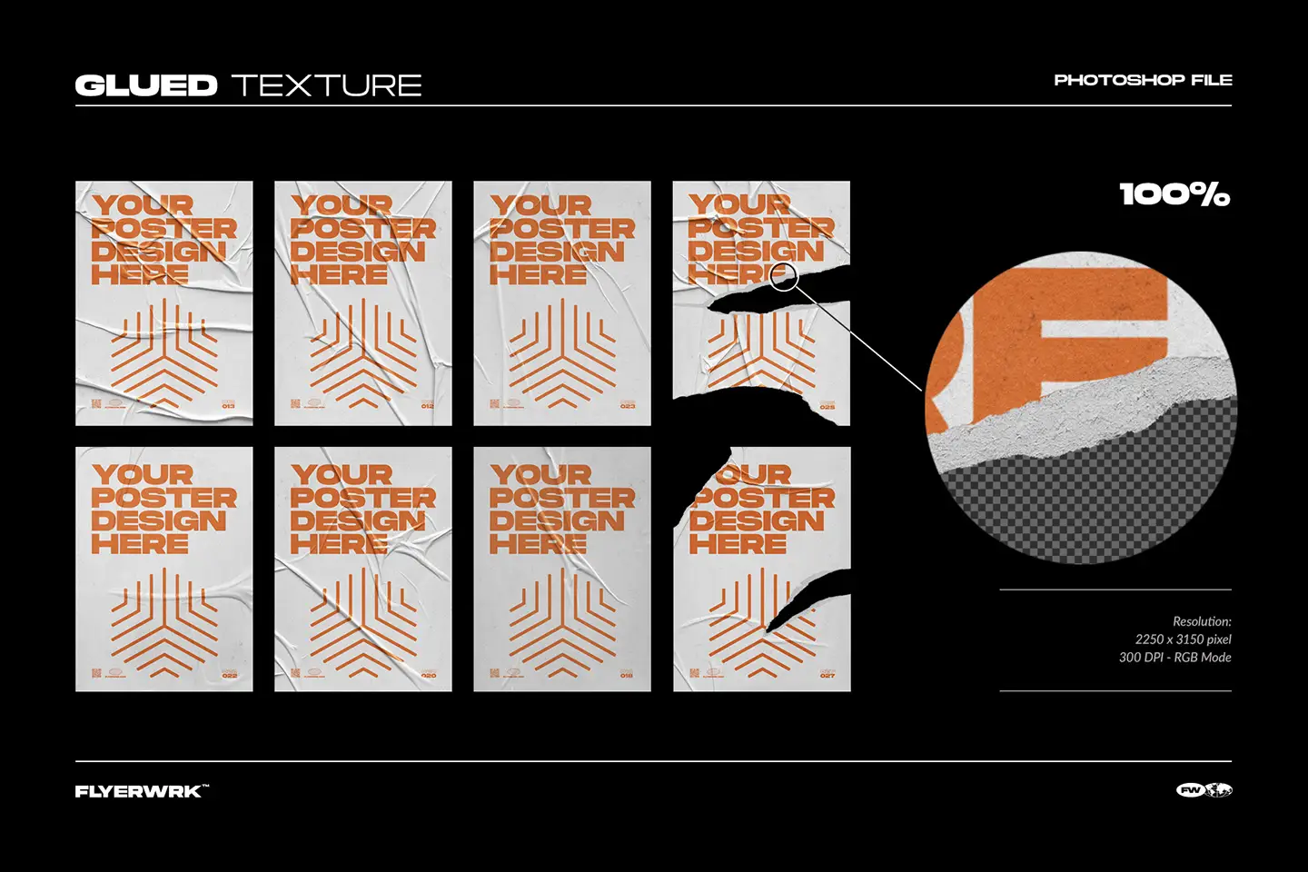 Poster mockup examples using glued poster textures with ripped paper and wrinkles