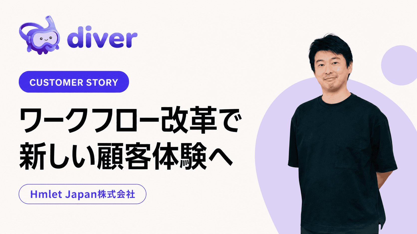 導入事例カード「ワークフロー改革で新しい顧客体験へ／Hmlet Japan株式会社」。取材に応じた担当者の写真が入っている