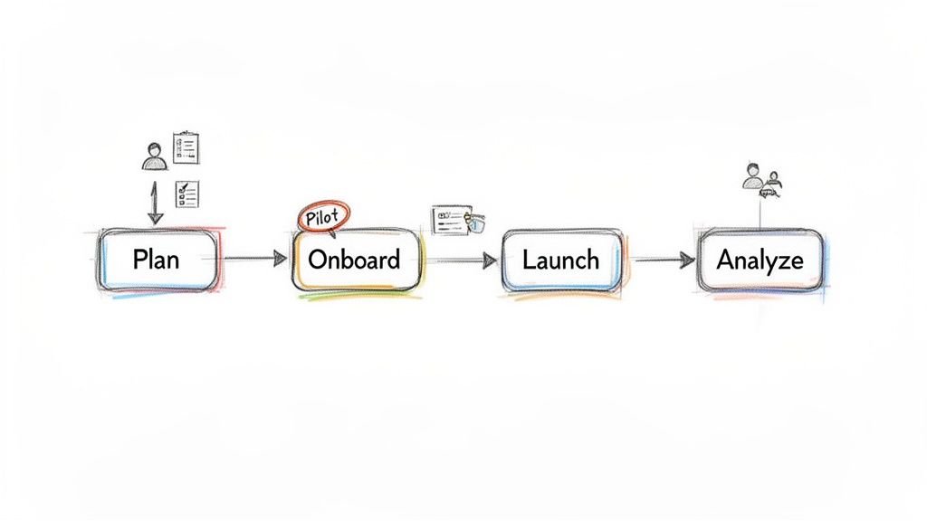 A workflow diagram showing a four-step process: Plan, Onboard (Pilot), Launch, and Analyze.