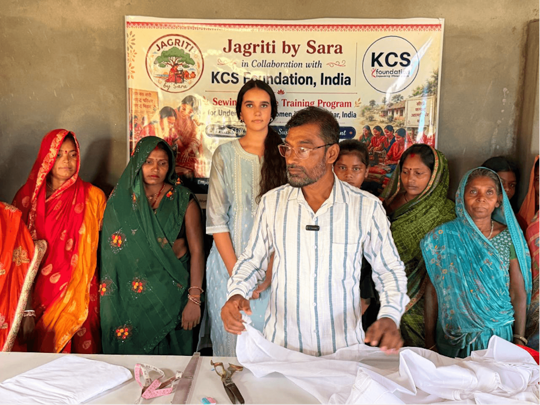 Saranya Gupta and trainees attend a Jagriti by Sara garment training session with KCS Foundation India.