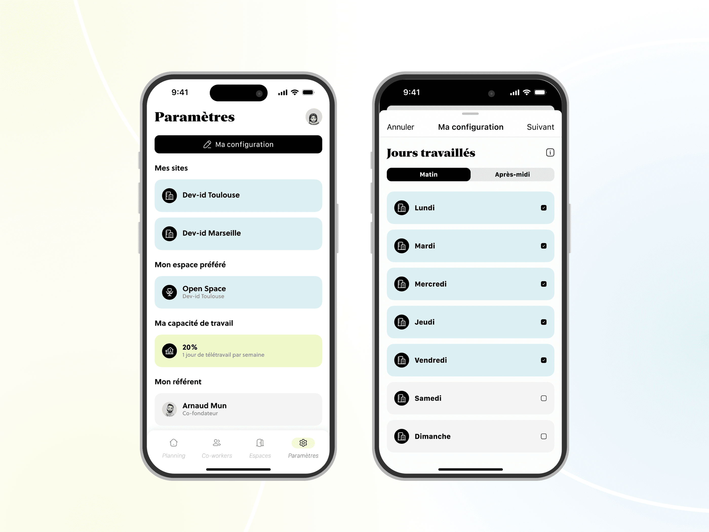 Interface de l'application mobile Spacees.