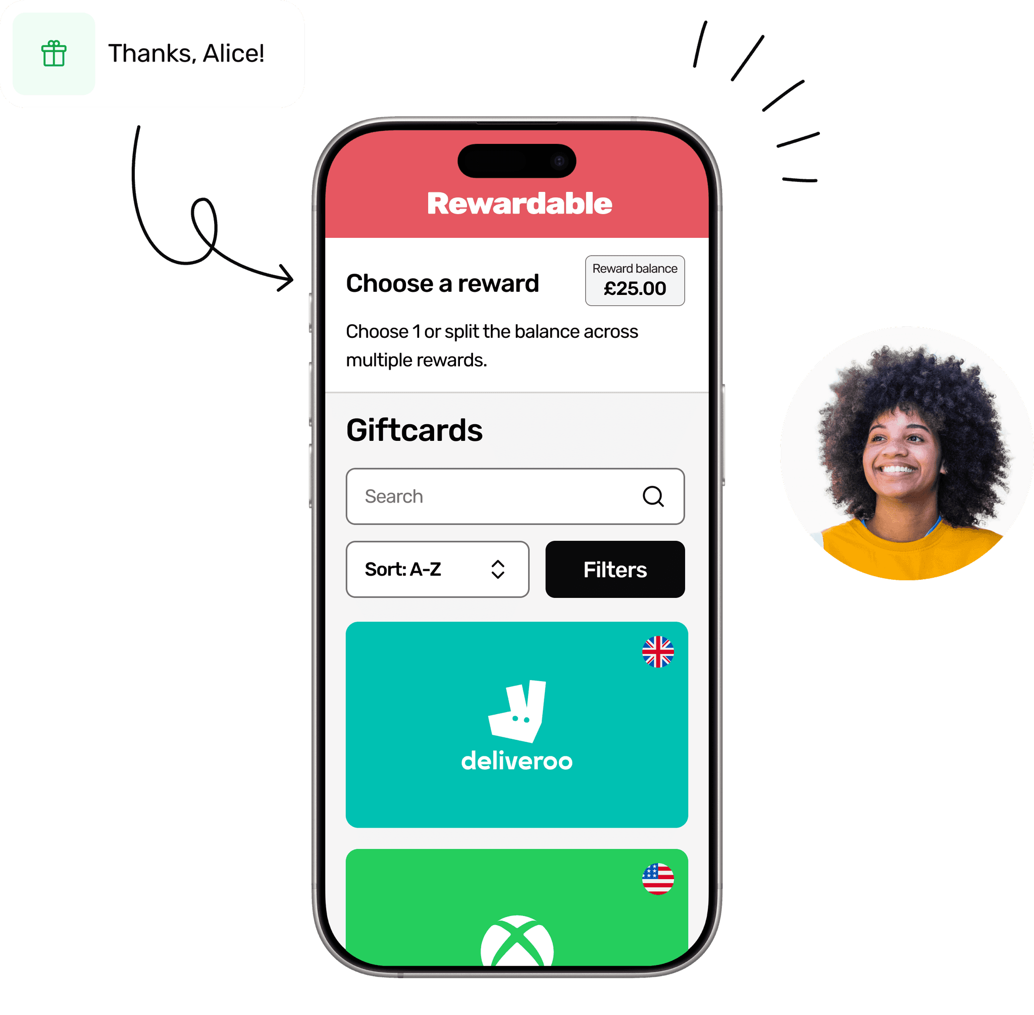 Alice using Rewardable as part of her HR benefits.