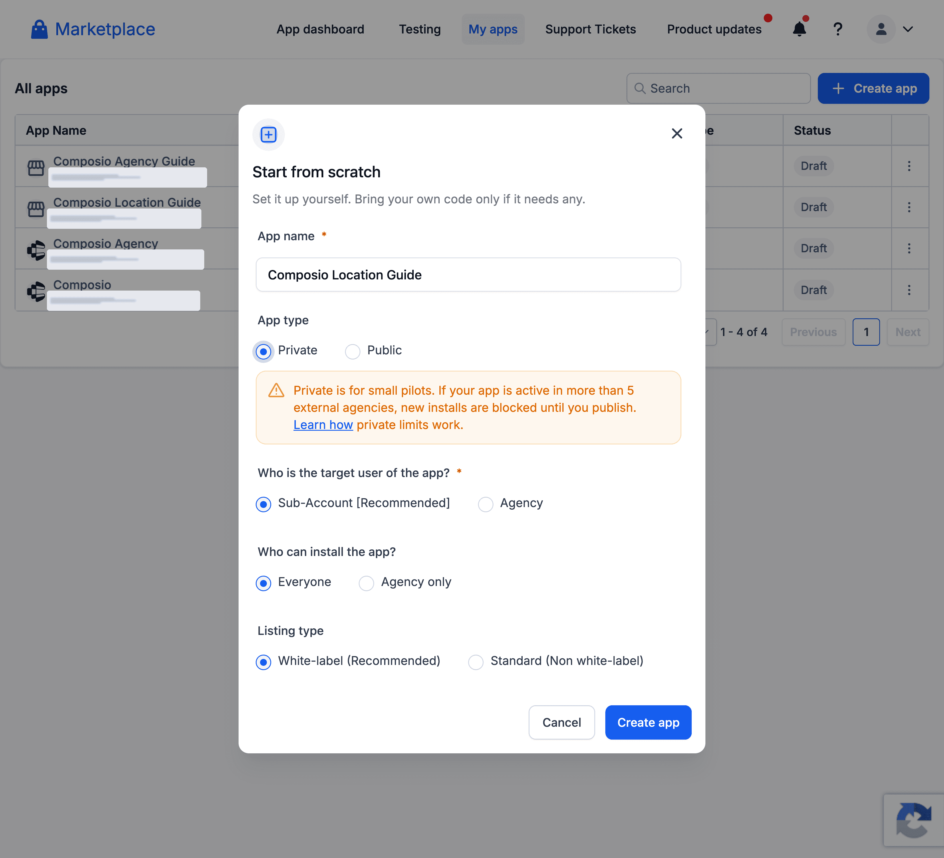 App creation settings