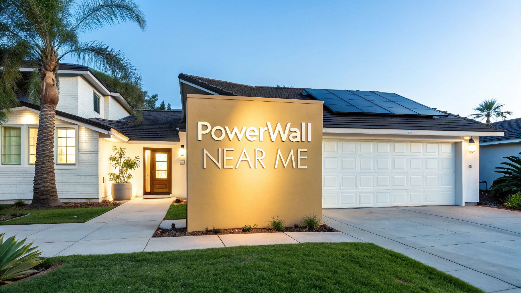 a wall outside of a home with lights on it and displayed text 'powerwall near me'