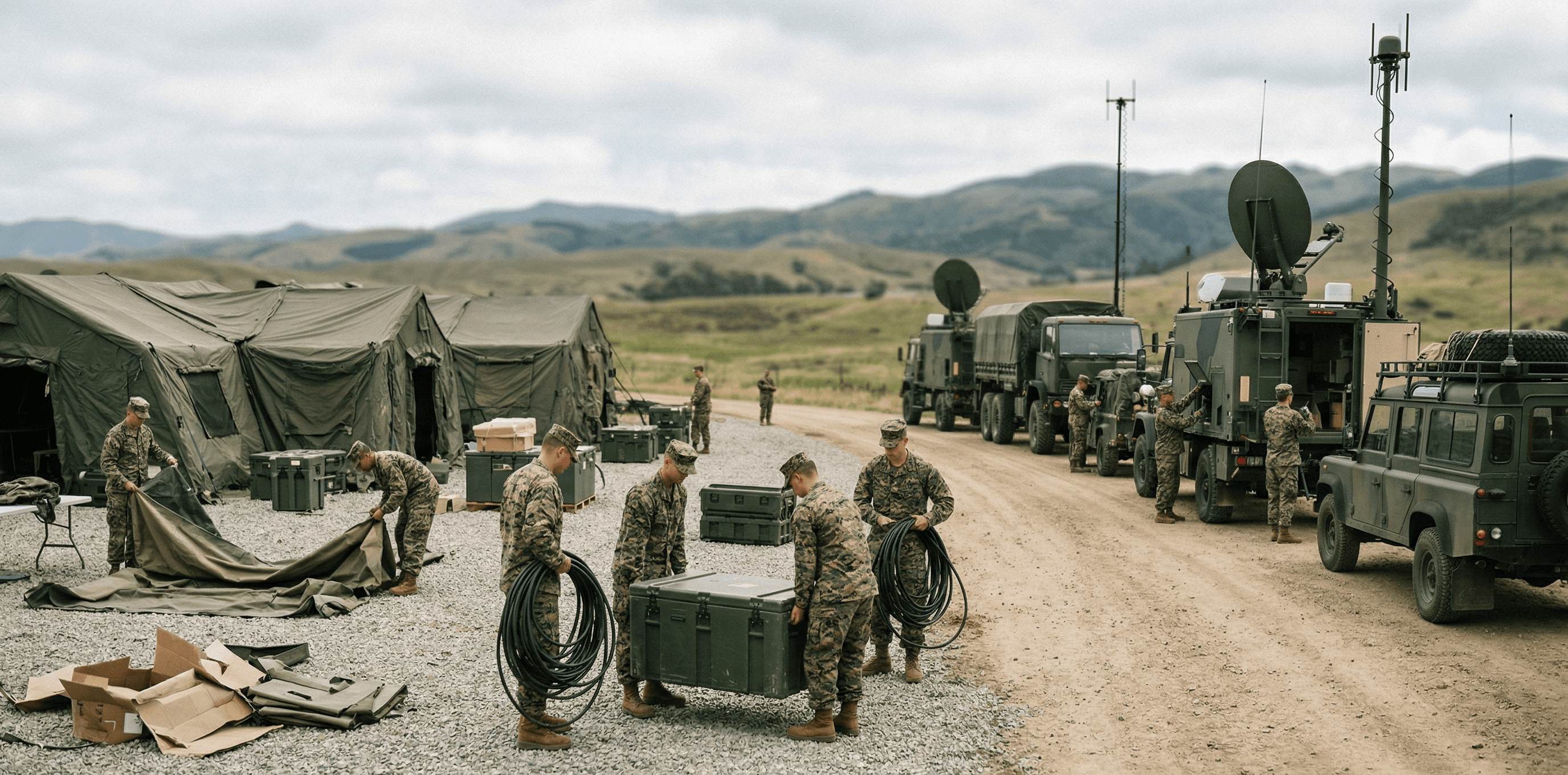 Soldiers packing up comms and tents