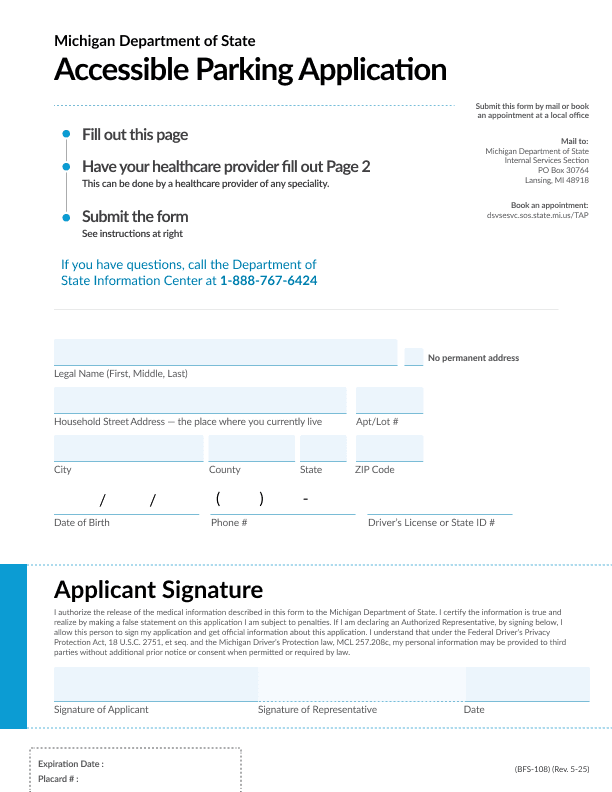 Page 1 of high-fidelity prototype of placard application form, featuring instructions, application information section and applicant signature. Updated design has clean typography and blue accents.