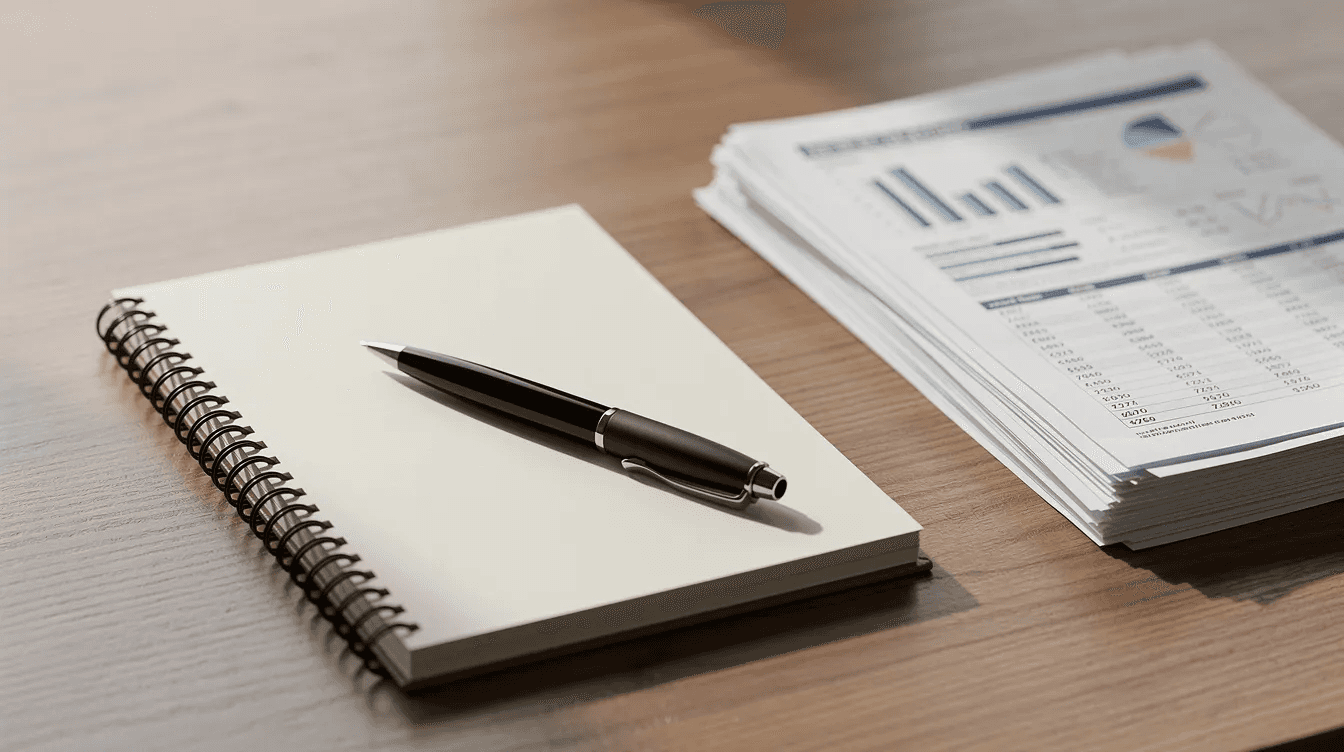 The image shows a wooden desk neatly arranged with a notebook, a pen, and organized financial papers, suggesting a workspace dedicated to financial planning and investment advice. This setting is ideal for those looking to find a trusted financial advisor or certified financial planner to help achieve their financial goals.