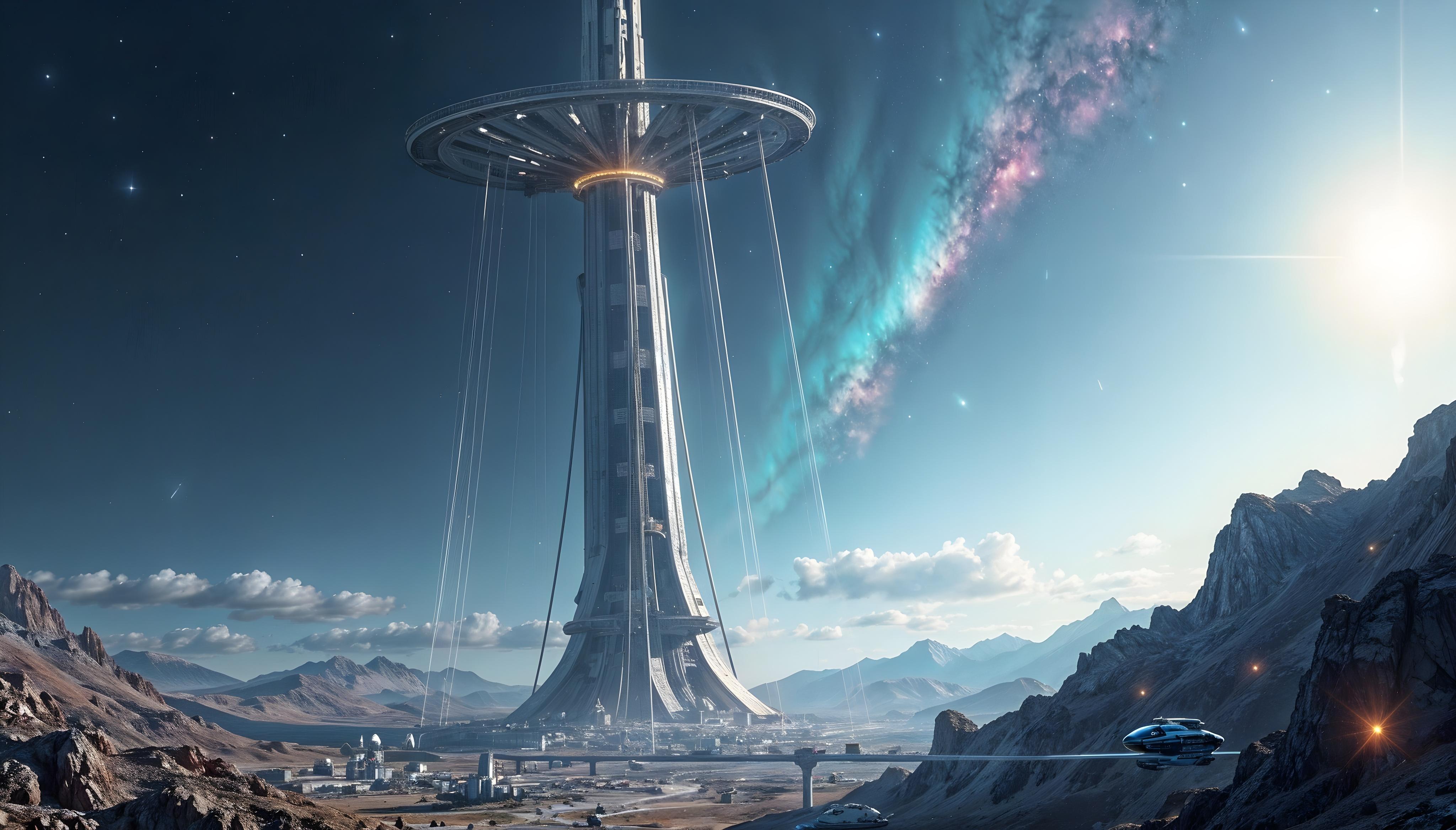 A futuristic landscape depicting a towering space elevator structure reaching from an urban location on the surface of Earth to the depths of outer space.