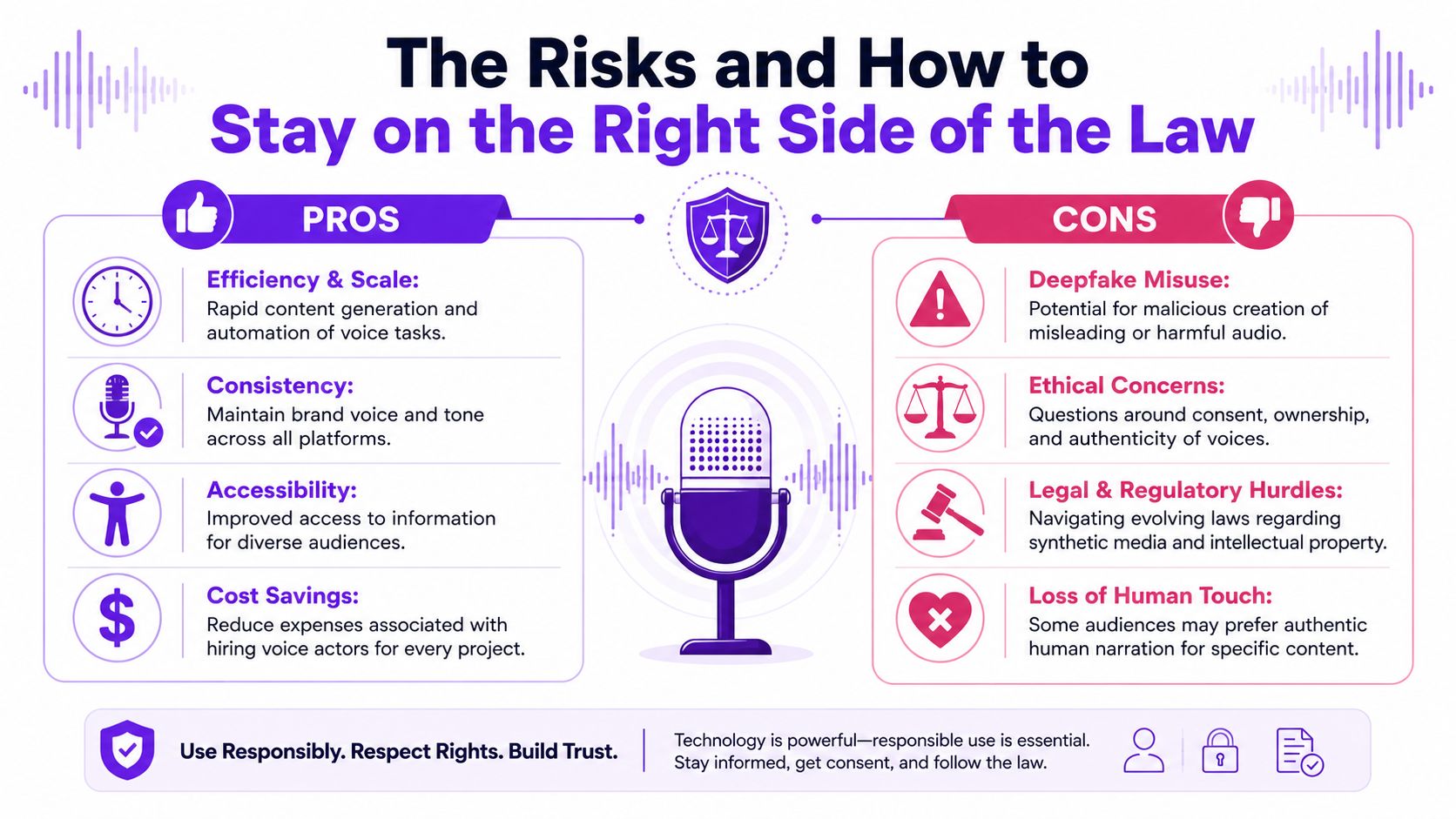 An infographic comparing the pros and cons of using voice cloning technology for content creation and business.