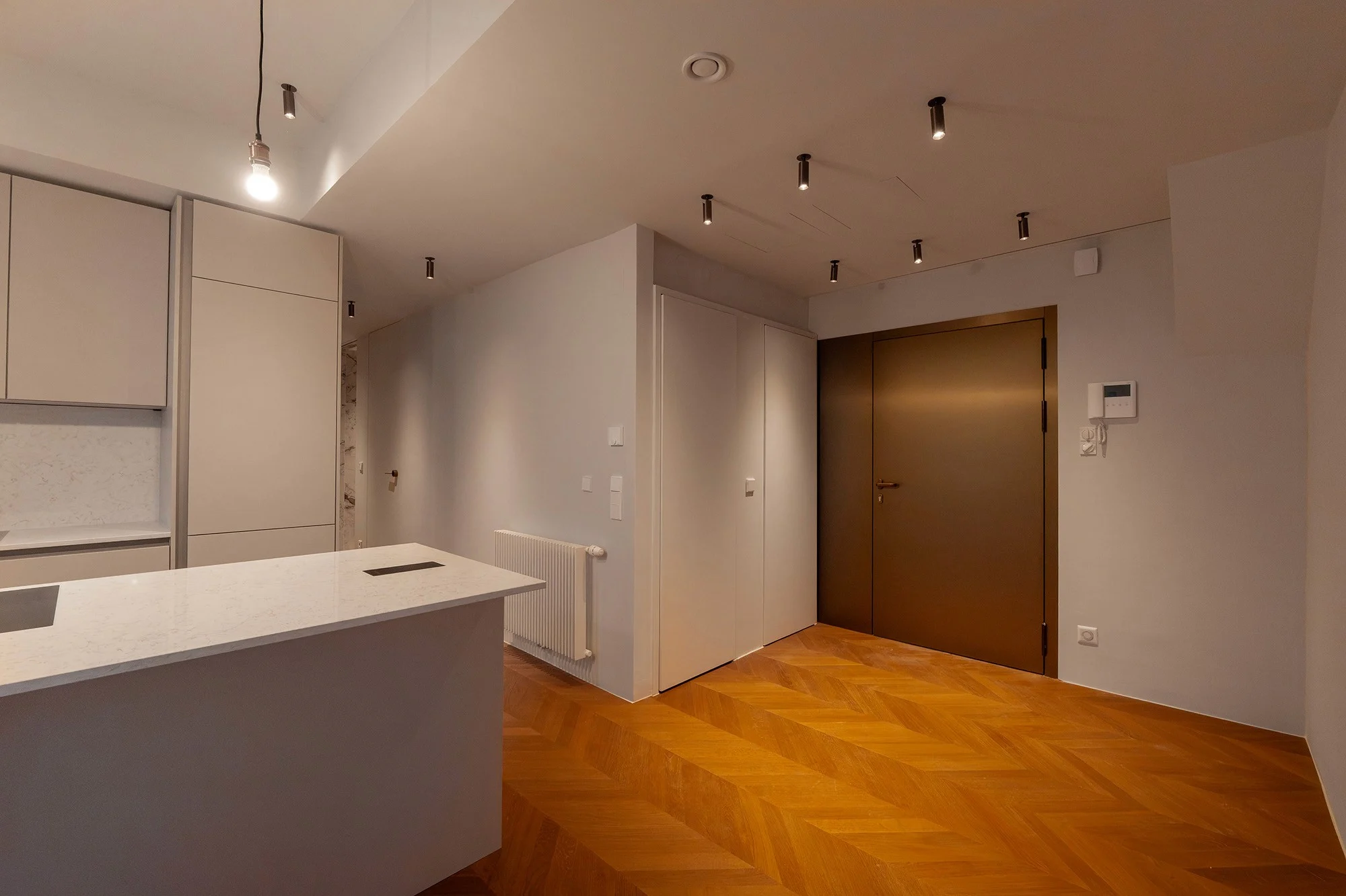 Moderner Eingangs- und Wohnbereich mit hochwertigem Fischgrät-Parkettboden und warm beleuchtetem Innenraum.