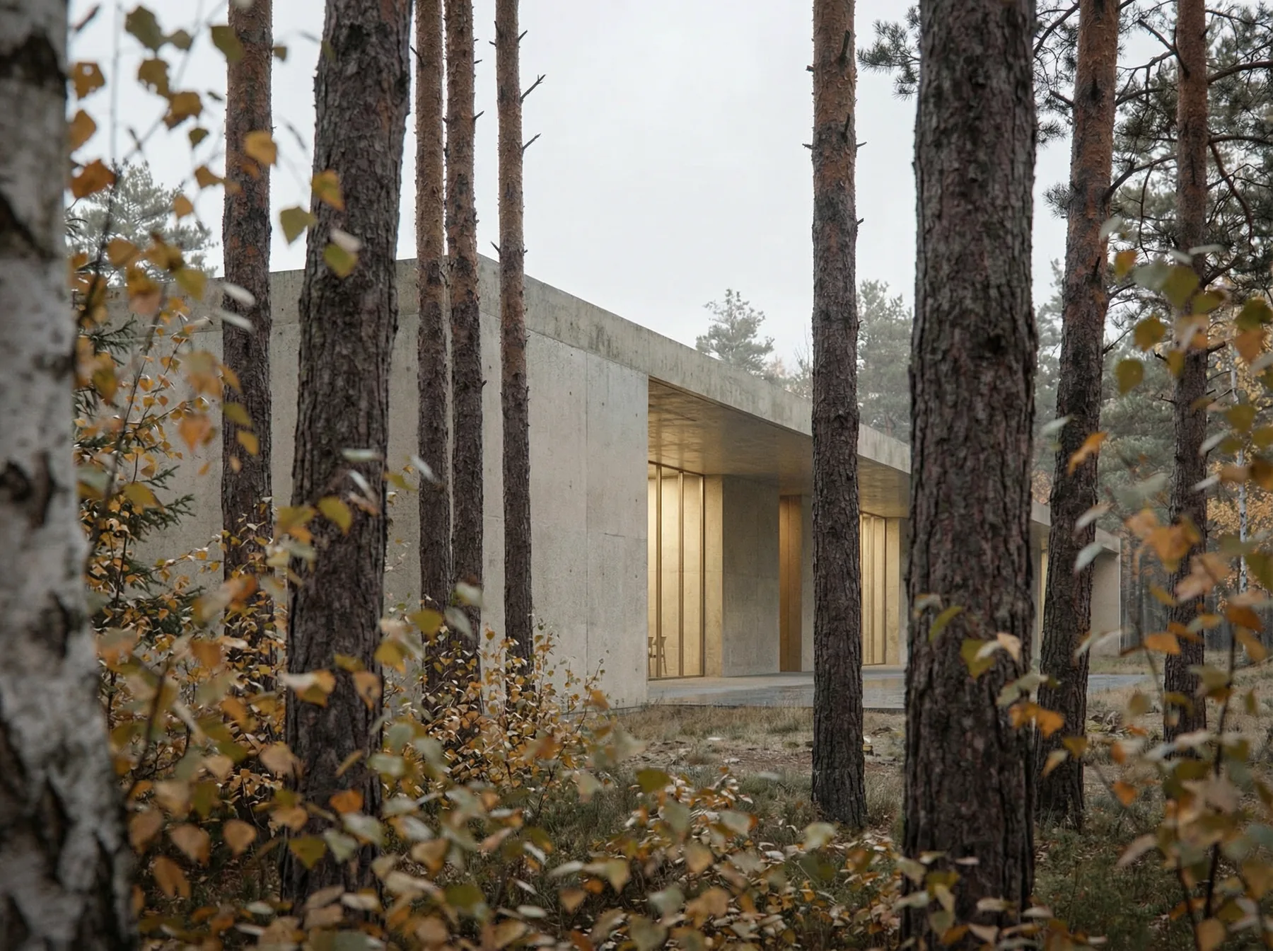 Pavilion approach through pine trees at dusk — Loenen competition render